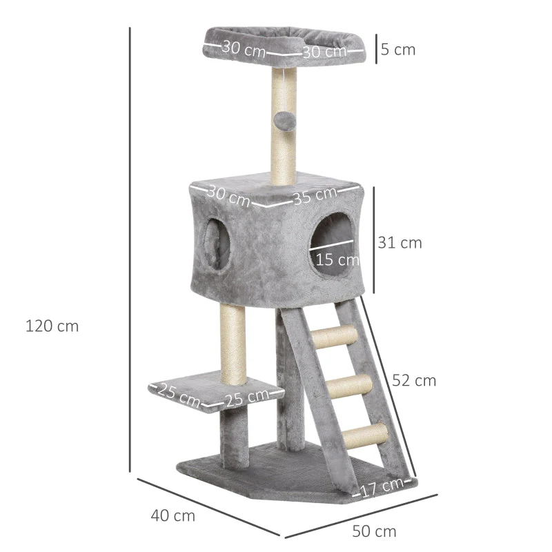 Cat Tree, 120 cm Multi-Level with Cave & Sisal Posts, Light Grey - Image 3