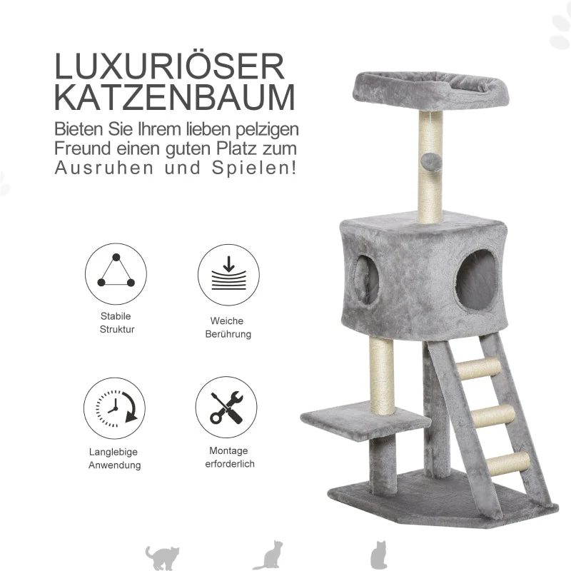 Cat Tree, 120 cm Multi-Level with Cave & Sisal Posts, Light Grey - Image 4