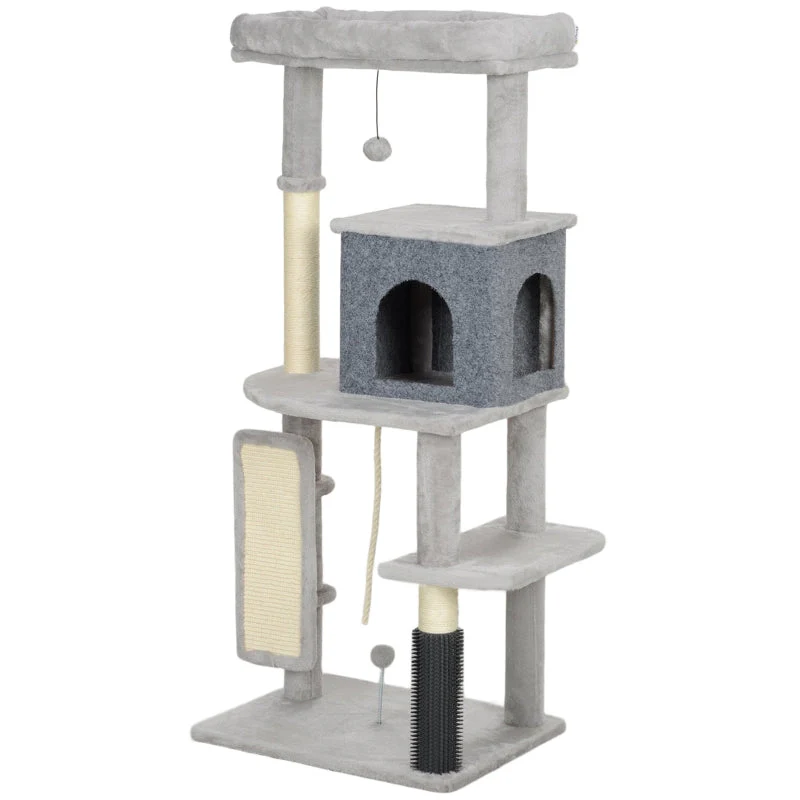 Cat Tree 132cm, Scratching Posts, Bed, House, Platforms, Grooming Brush, Light Grey