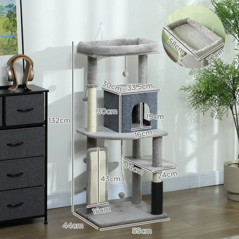 Cat Tree 132cm, Scratching Posts, Bed, House, Platforms, Grooming Brush, Light Grey - Image 3