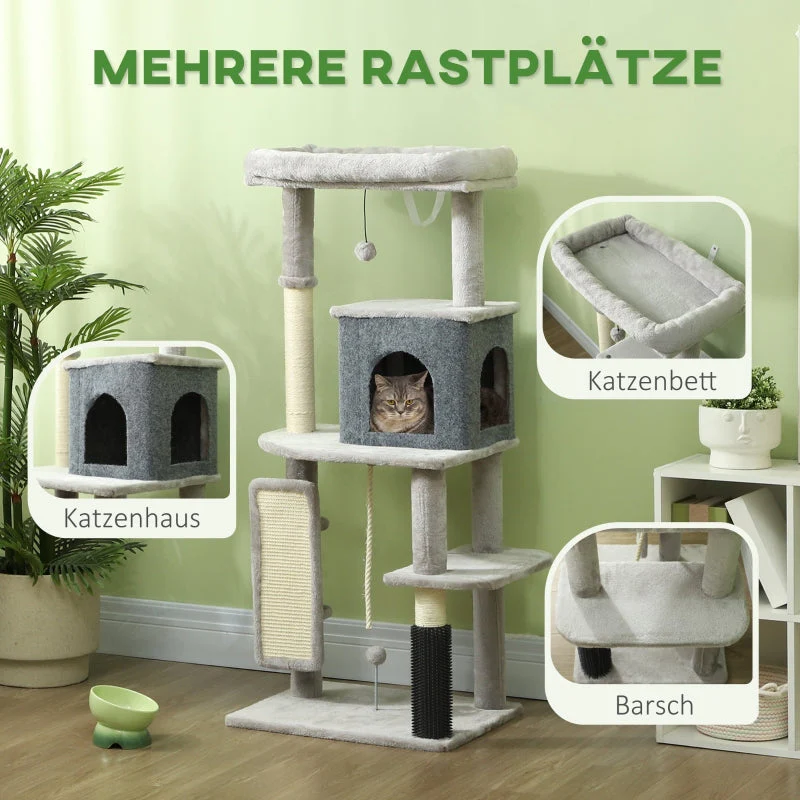 Cat Tree 132cm, Scratching Posts, Bed, House, Platforms, Grooming Brush, Light Grey - Image 4
