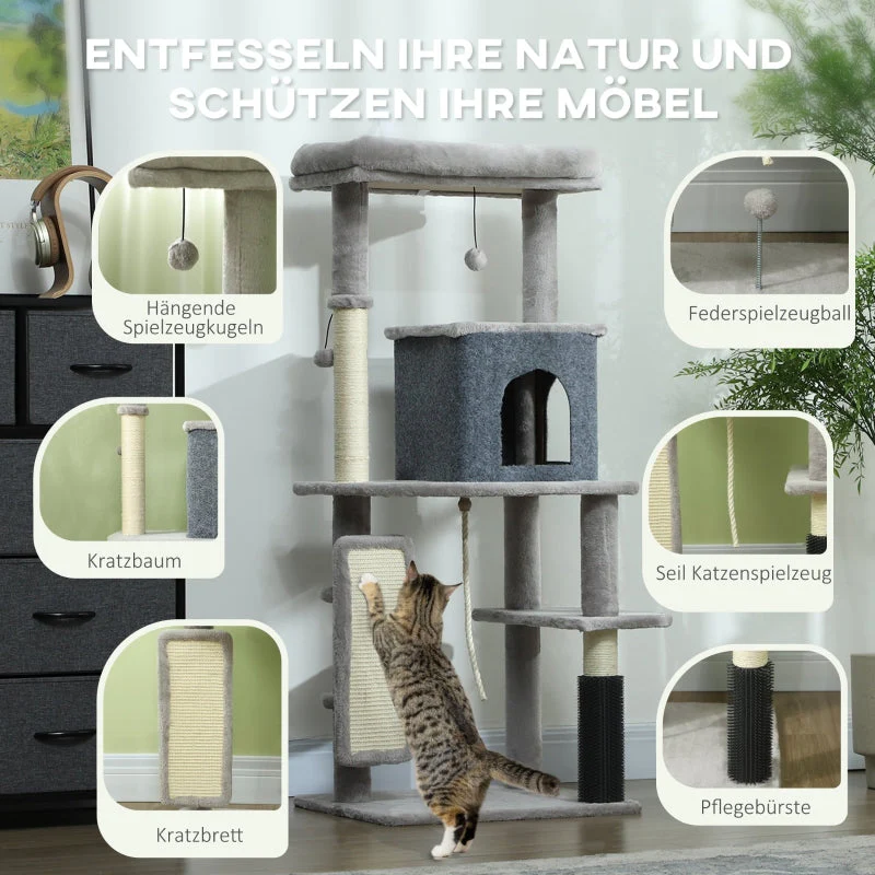 Cat Tree 132cm, Scratching Posts, Bed, House, Platforms, Grooming Brush, Light Grey - Image 5
