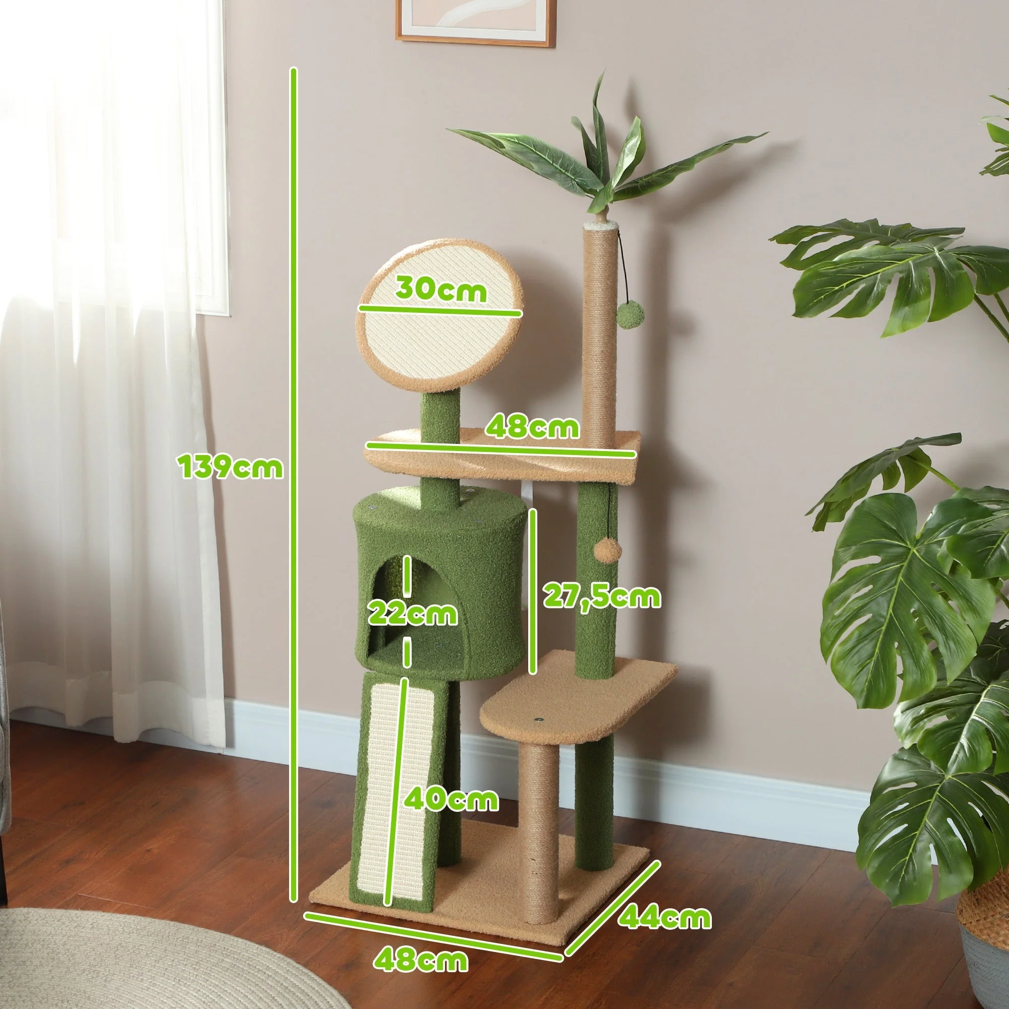 Cat Tree 139cm, with Cat Cave, Sisal Scratching Posts, Green - Image 3