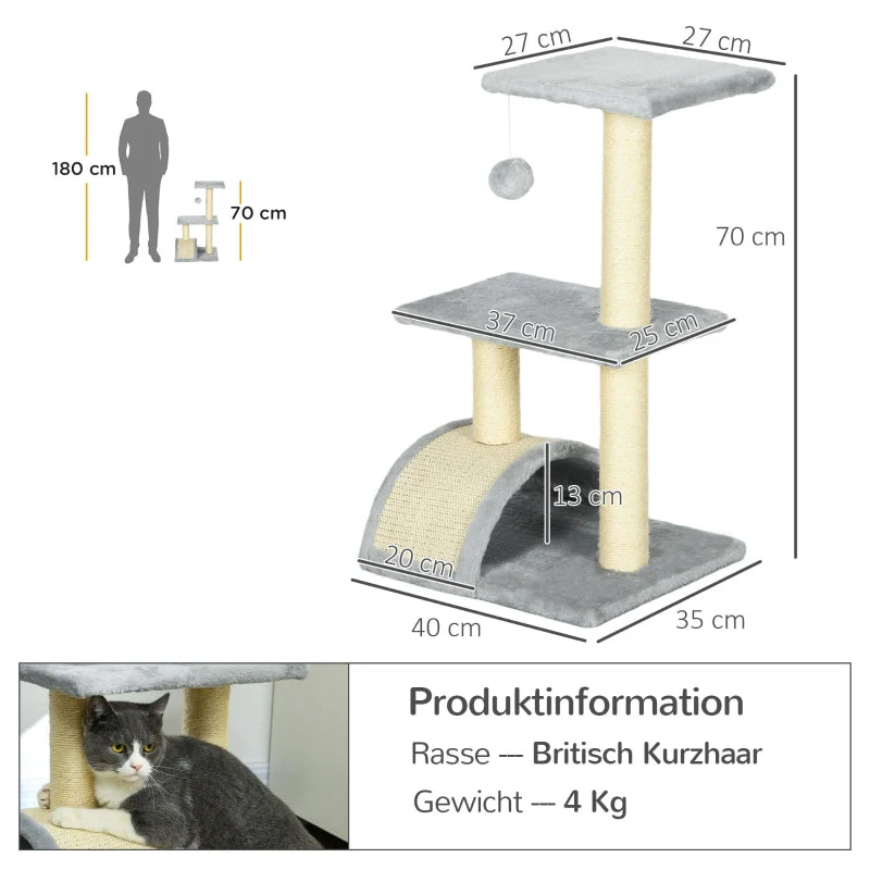 Cat Tree 72cm with Plush Balls, Sisal Posts, Platform, Scratching Board, Light Grey - Image 2