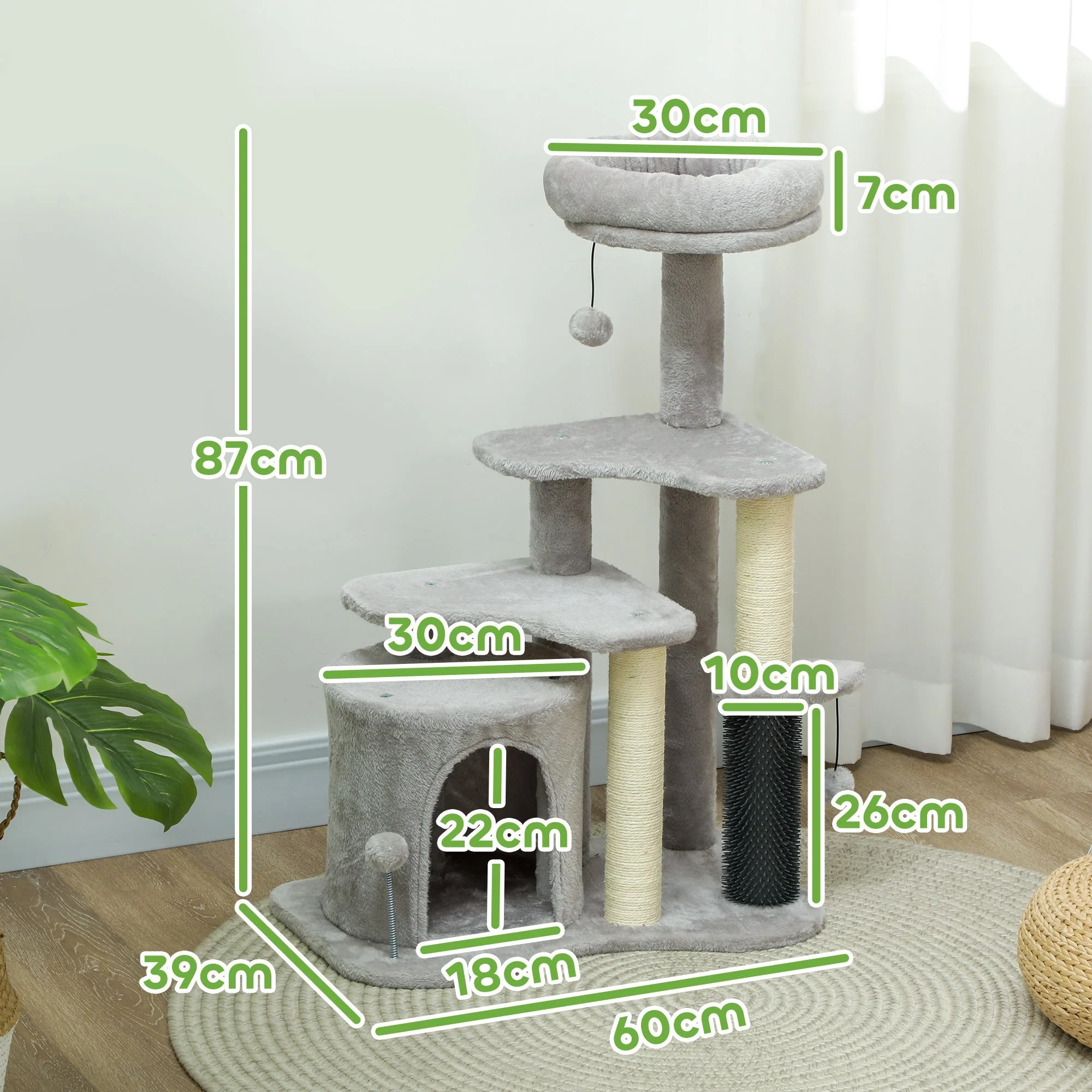Cat Tree 87 cm, Cave Bed Scratching Post, Light Grey - Image 3