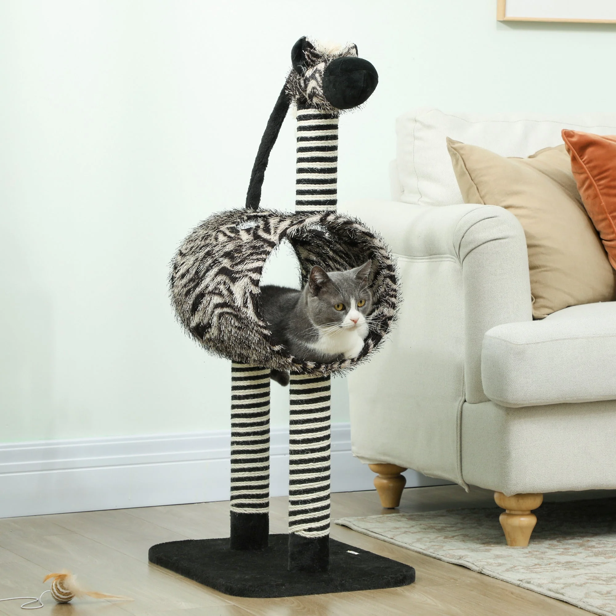 Cat Tree, 93 cm with Tunnel & Scratch Posts, Zebra Design, Black and White - Image 2