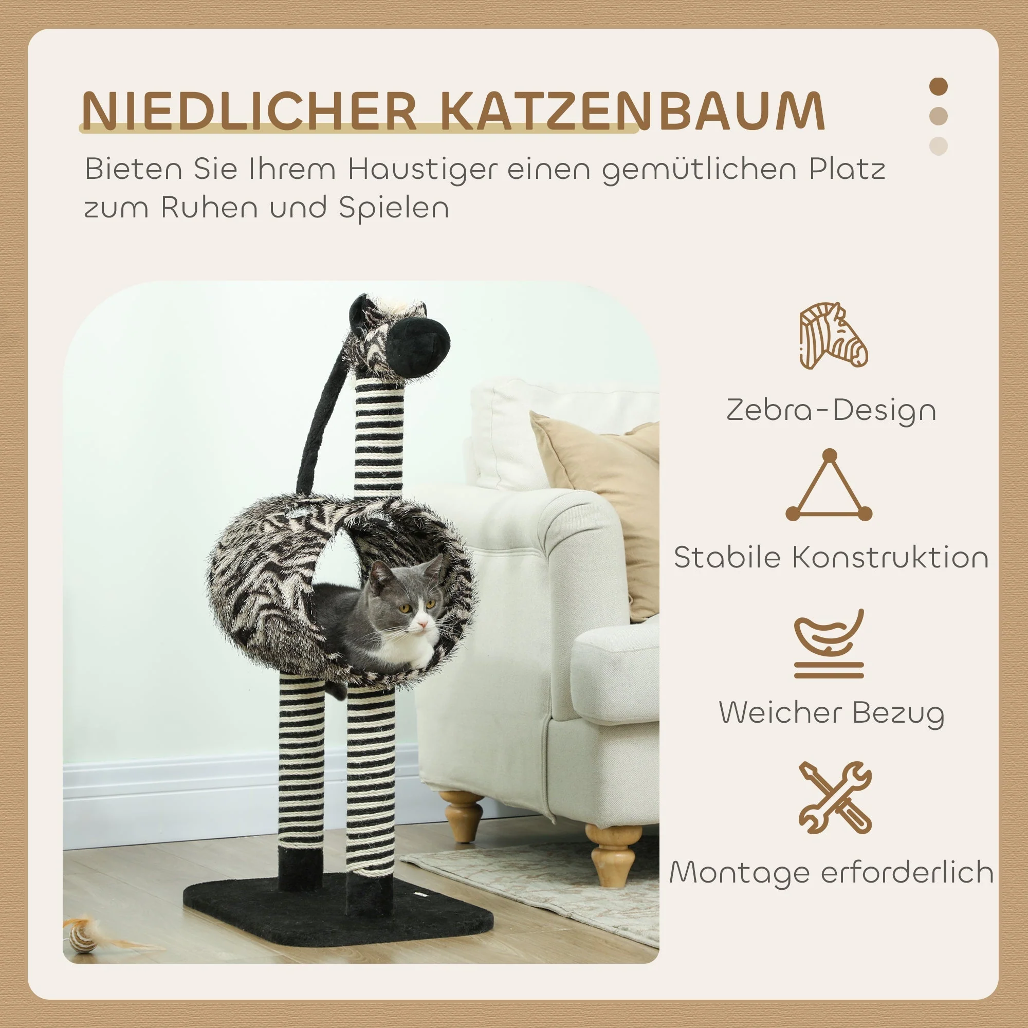 Cat Tree, 93 cm with Tunnel & Scratch Posts, Zebra Design, Black and White - Image 4
