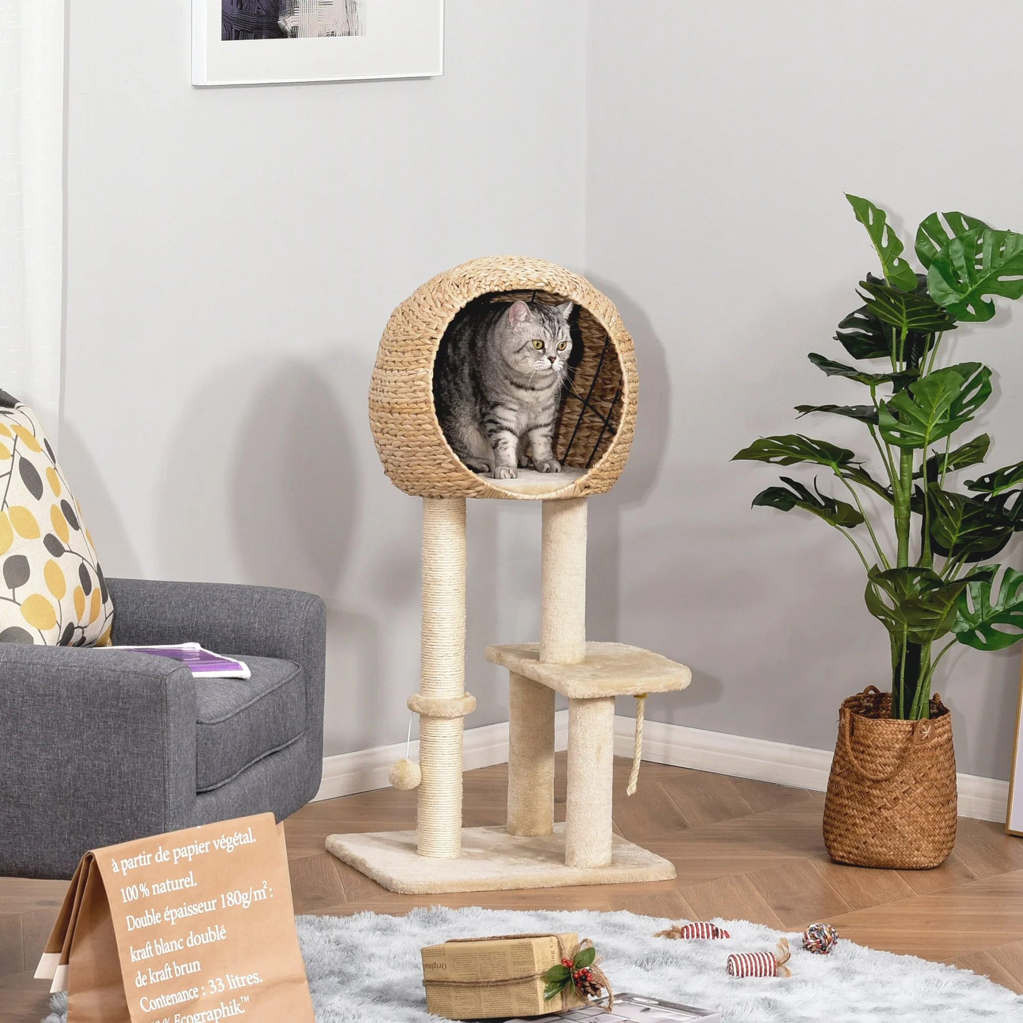 Cat Tree, Cat Cave 100H cm, Sisal Beige - Image 2