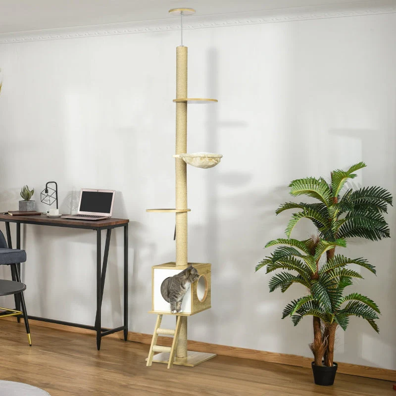 Cat Tree, Ceiling-High Cat House Two Platforms Hammock Anti-Tip, Light Brown + Beige - Image 2