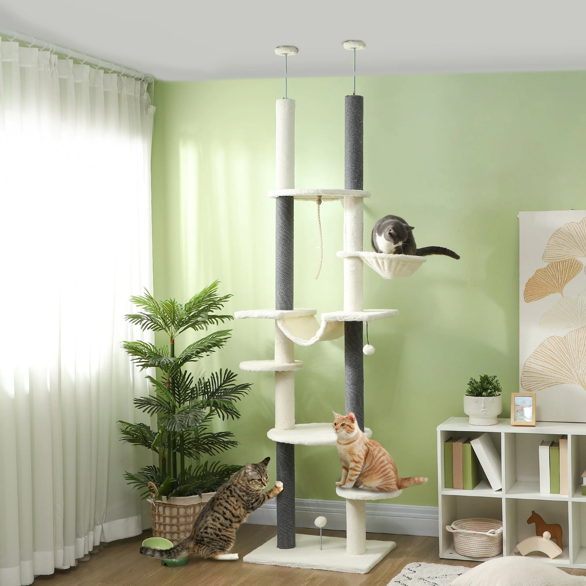 Cat Tree, Ceiling-High with Hammocks, Scratching Posts, White - Image 2