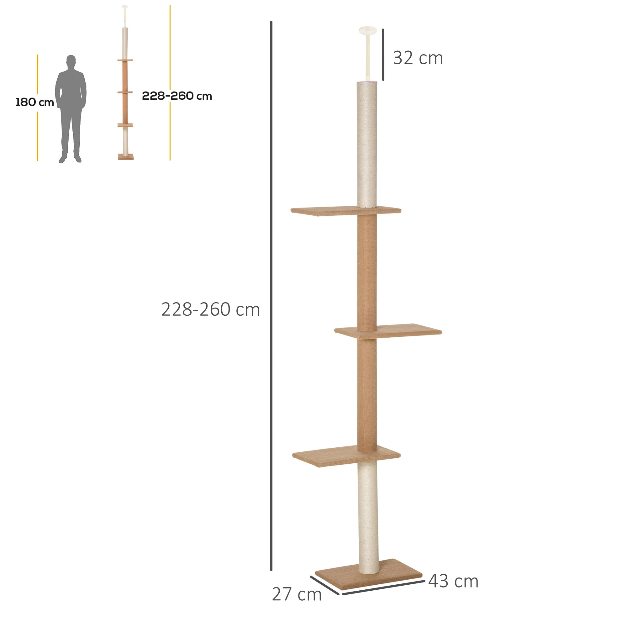 Cat Tree, Height Adjustable Climbing Play Tree, Khaki - Image 3