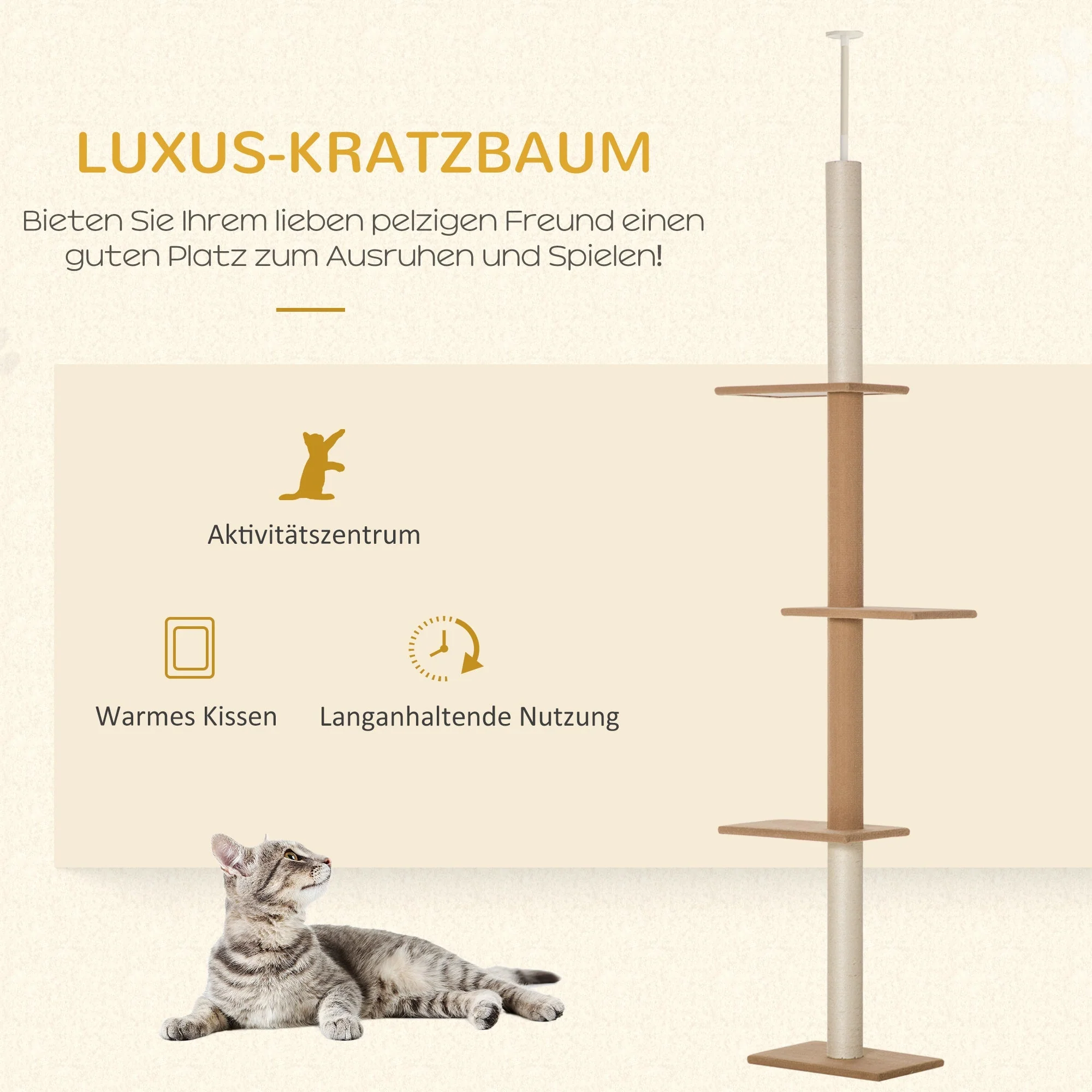 Cat Tree, Height Adjustable Climbing Play Tree, Khaki - Image 4