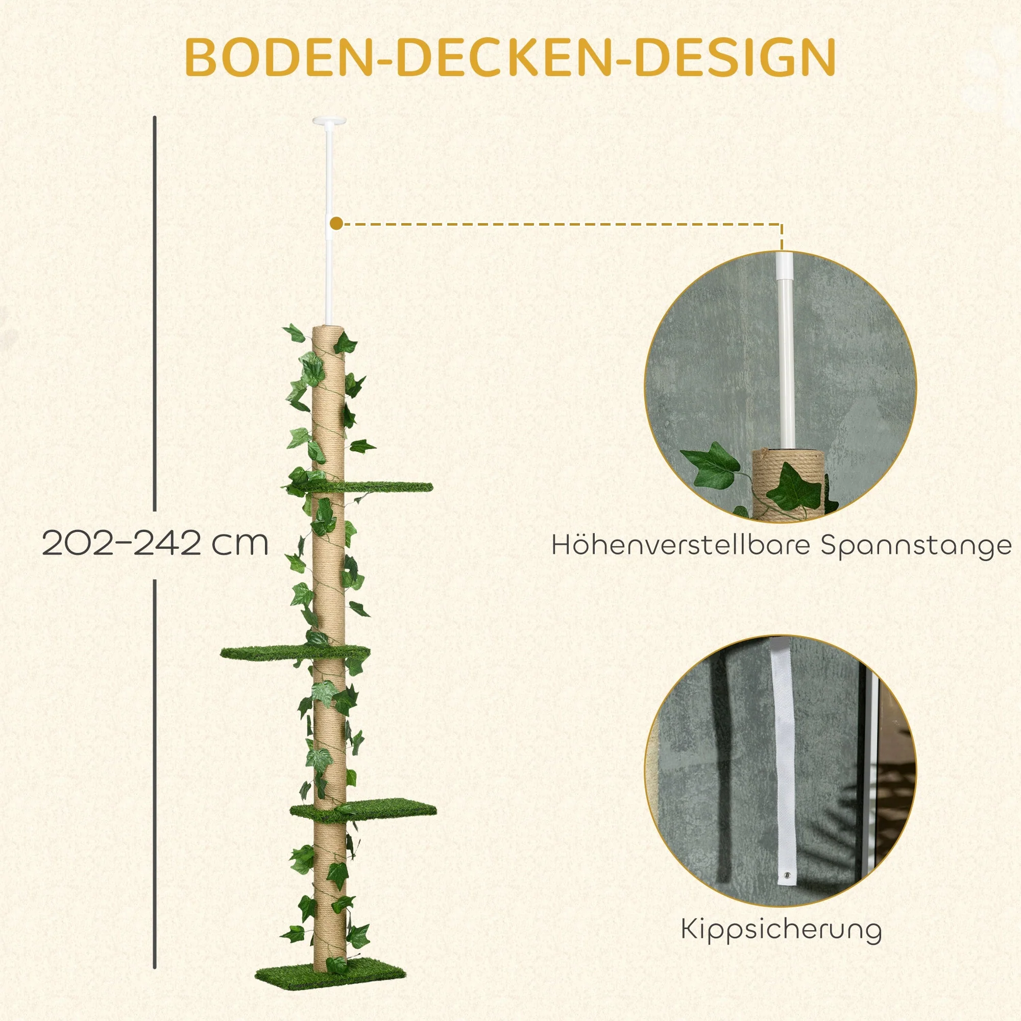 Cat Tree, Height Adjustable Jute, Green and Yellow - Image 5