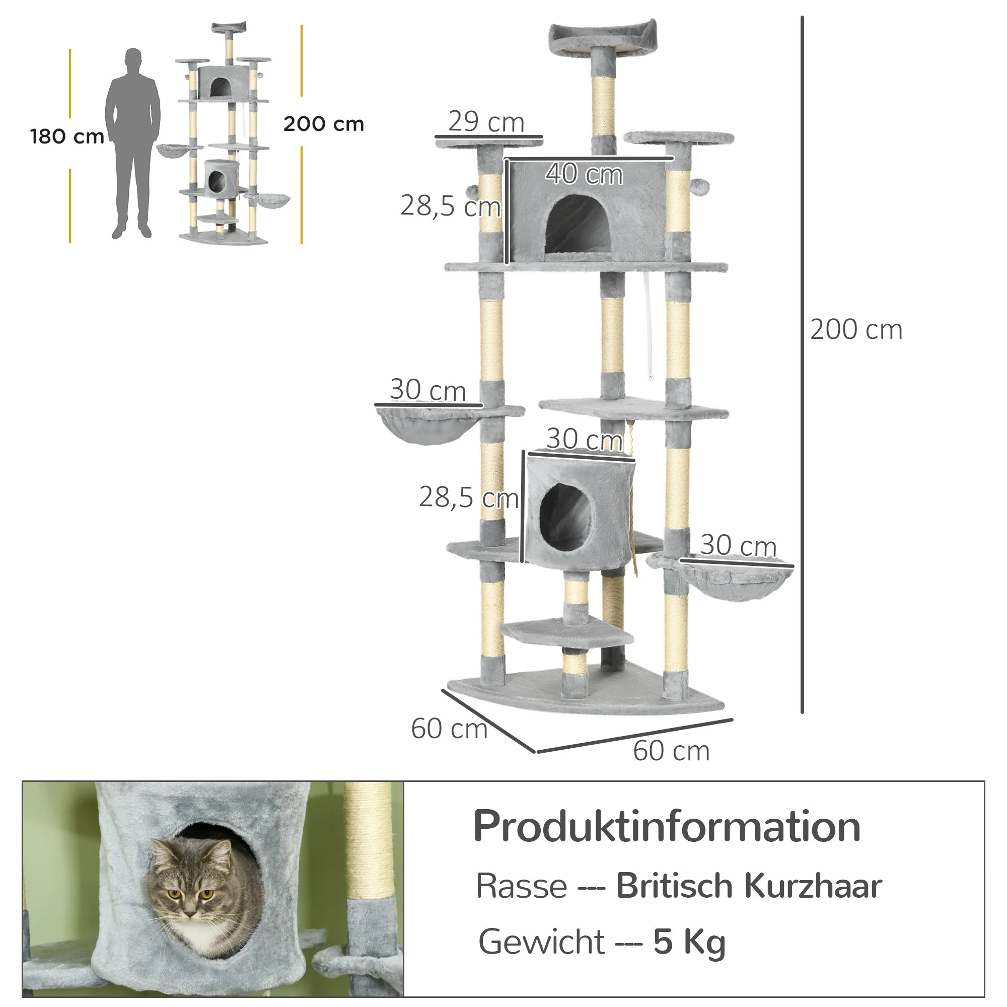 Cat Tree, Large 200 cm XXL with Cat Caves, Hammocks, Light Grey - Image 3