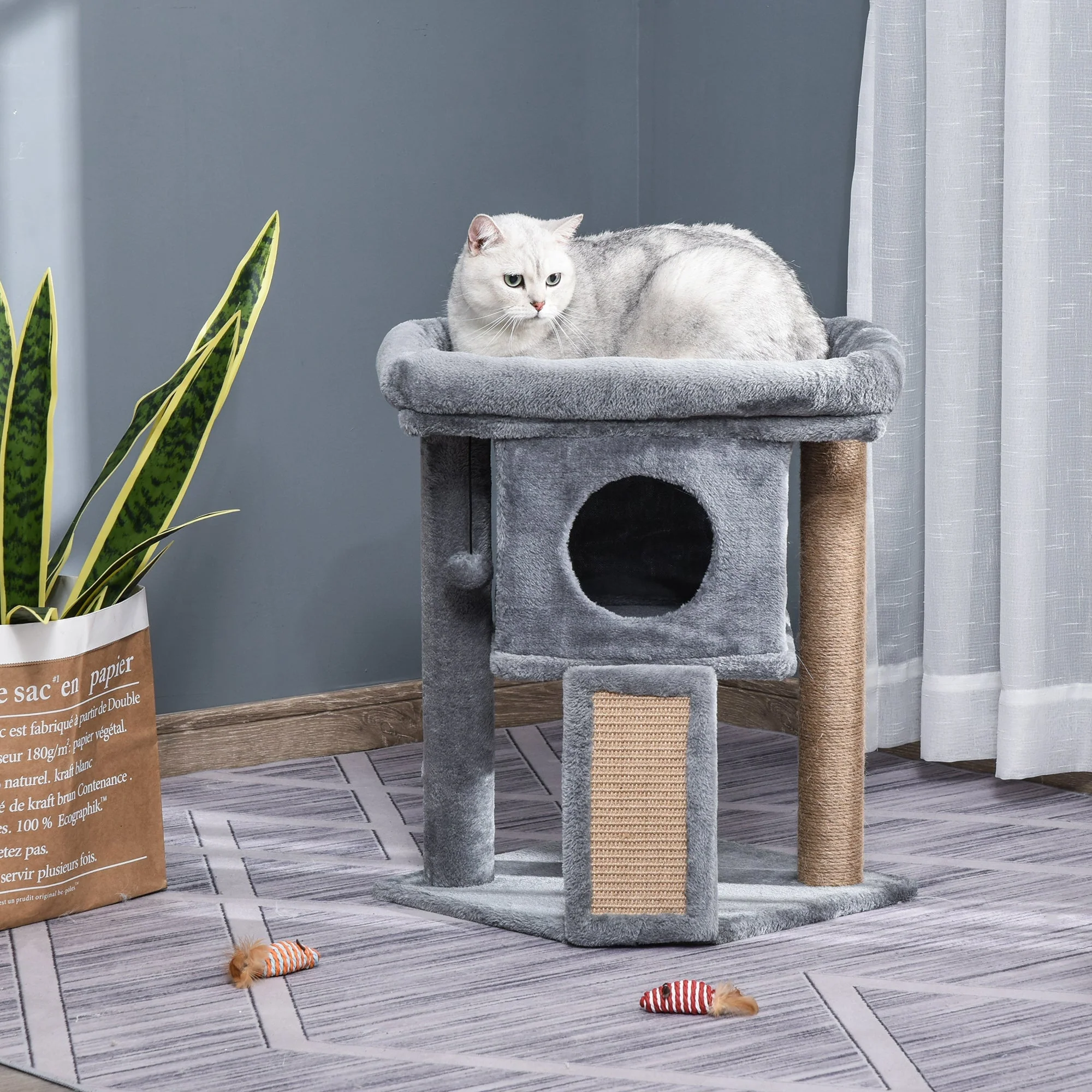 Cat Tree Multi-Level with Cave, Lounge Platform, Play Ball, Light Grey - Image 2