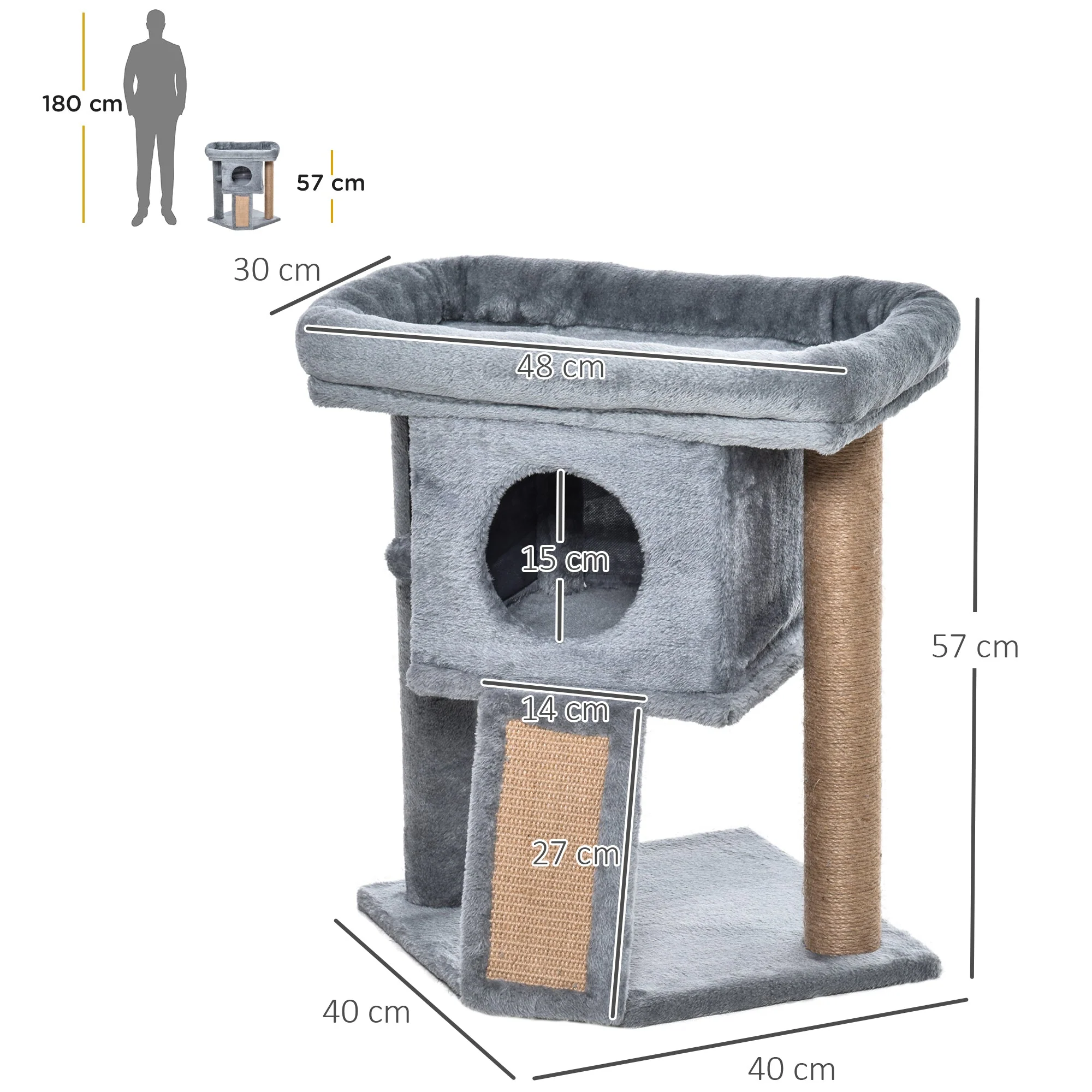 Cat Tree Multi-Level with Cave, Lounge Platform, Play Ball, Light Grey - Image 3