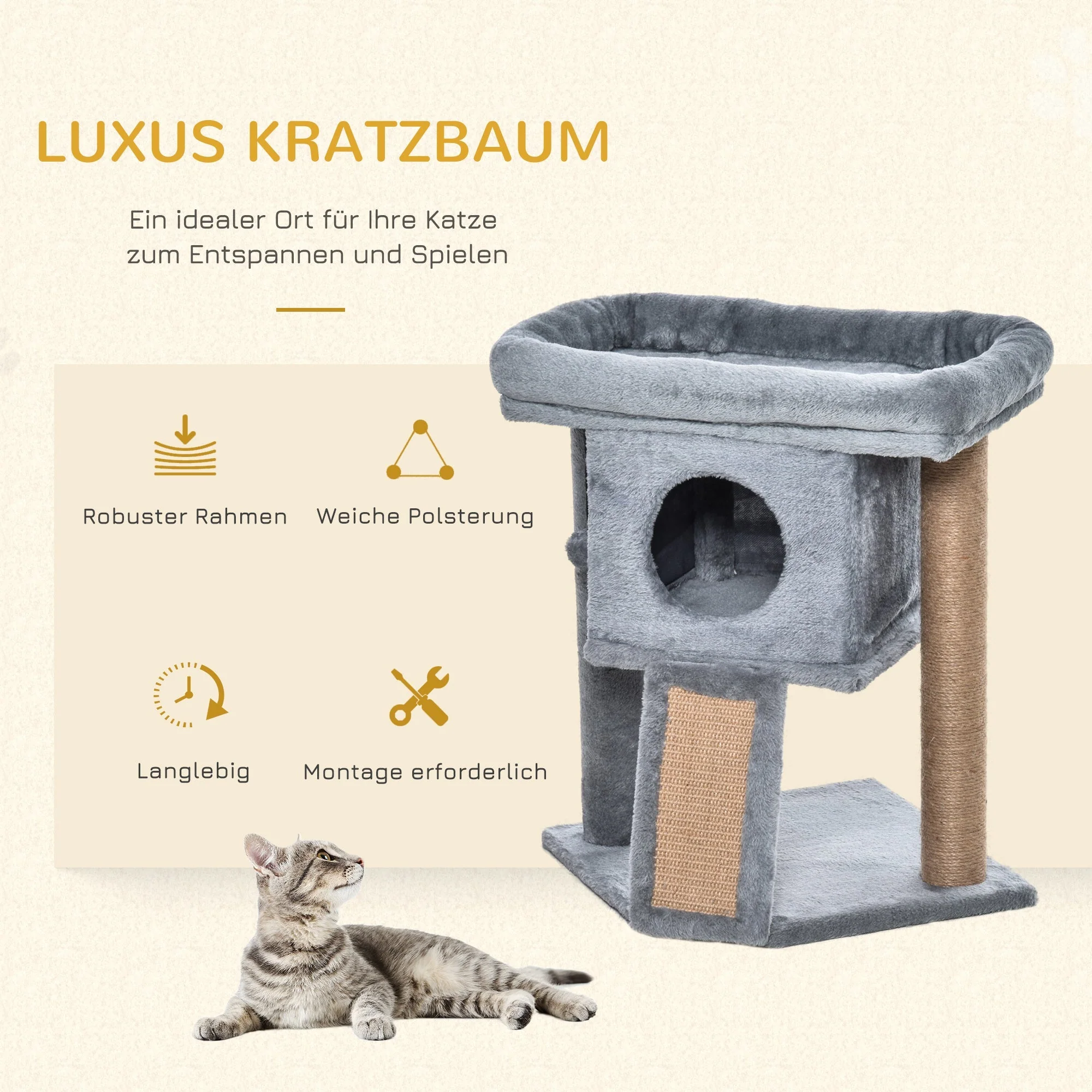 Cat Tree Multi-Level with Cave, Lounge Platform, Play Ball, Light Grey - Image 4