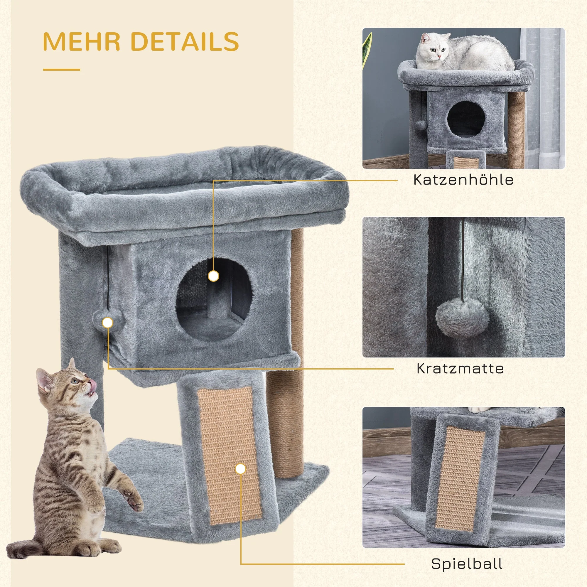 Cat Tree Multi-Level with Cave, Lounge Platform, Play Ball, Light Grey - Image 5