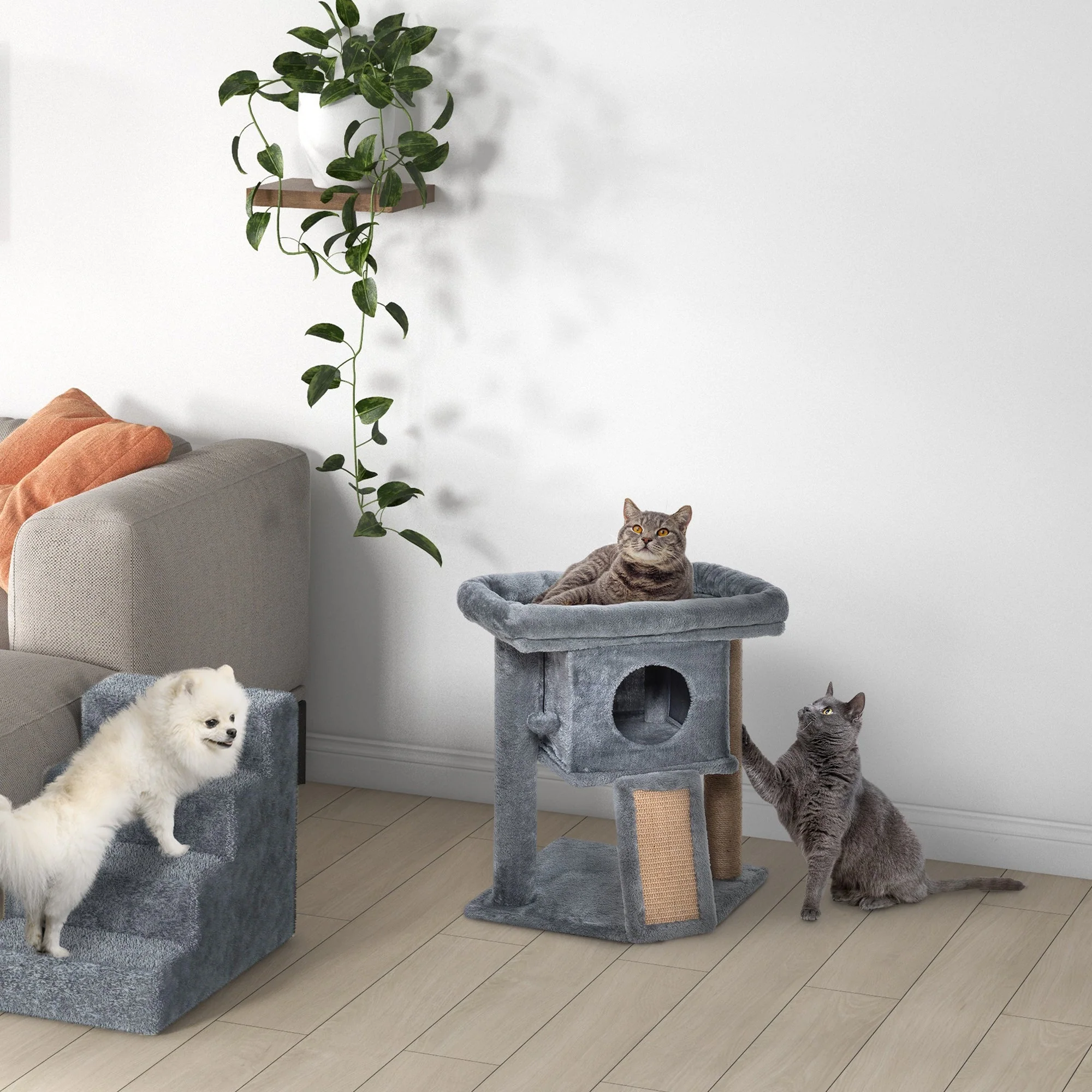 Cat Tree Multi-Level with Cave, Lounge Platform, Play Ball, Light Grey - Image 8