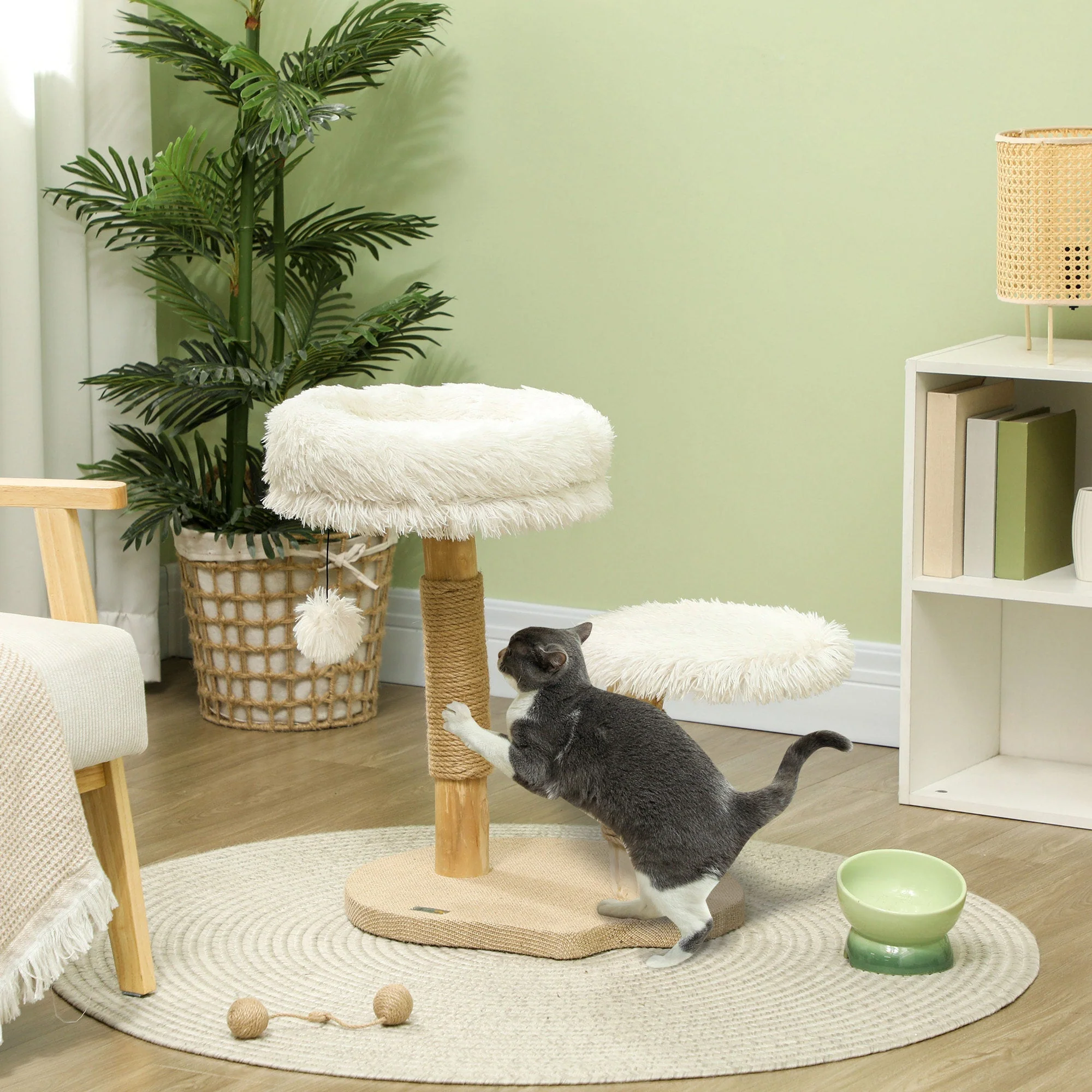 Cat Tree, Play Ball, Beds, Scratching Board, Pearwood White - Image 2