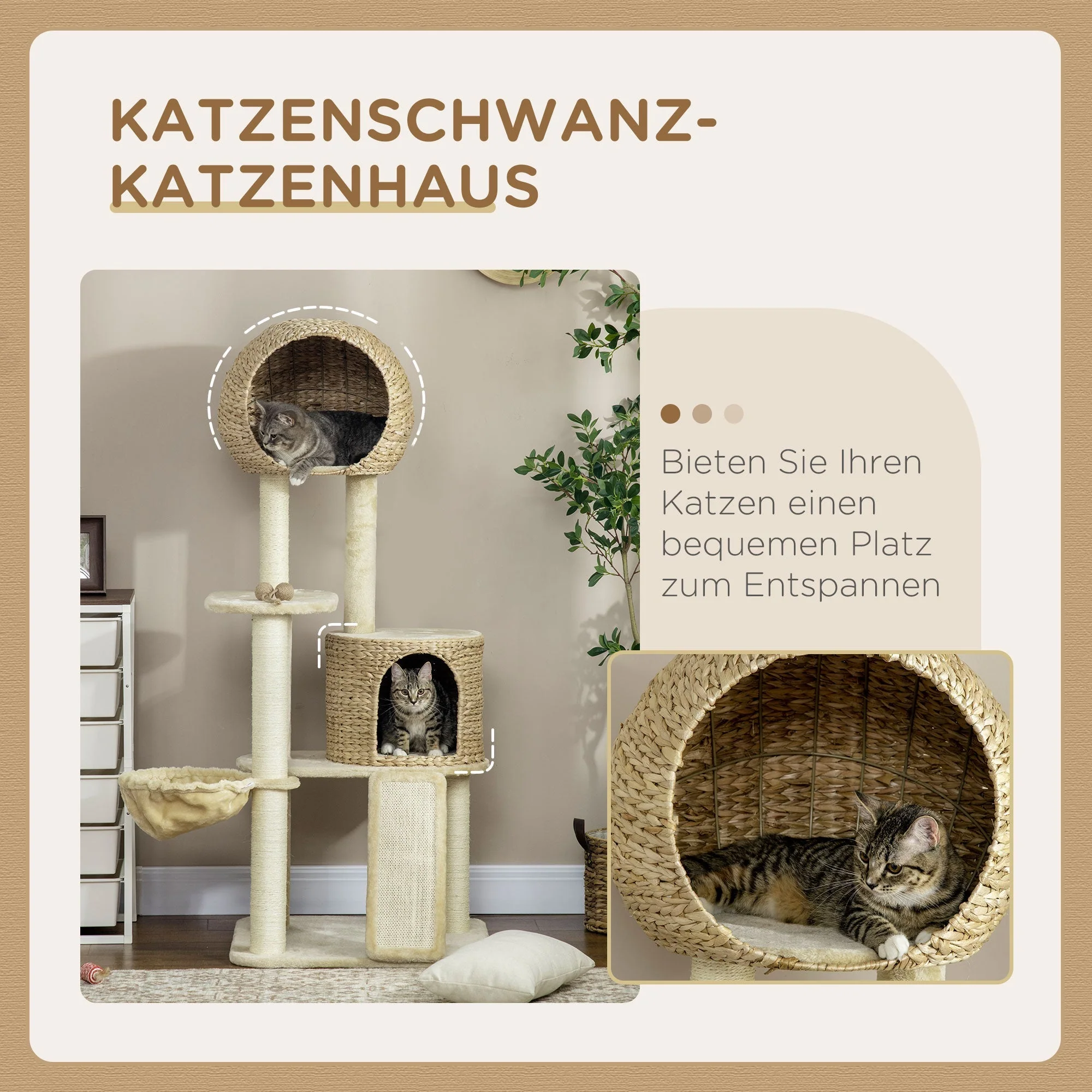 Cat Tree Rattan Cat House, Multiple Platforms, Hammock, Ramp, Anti-tip, Plush Beige - Image 4