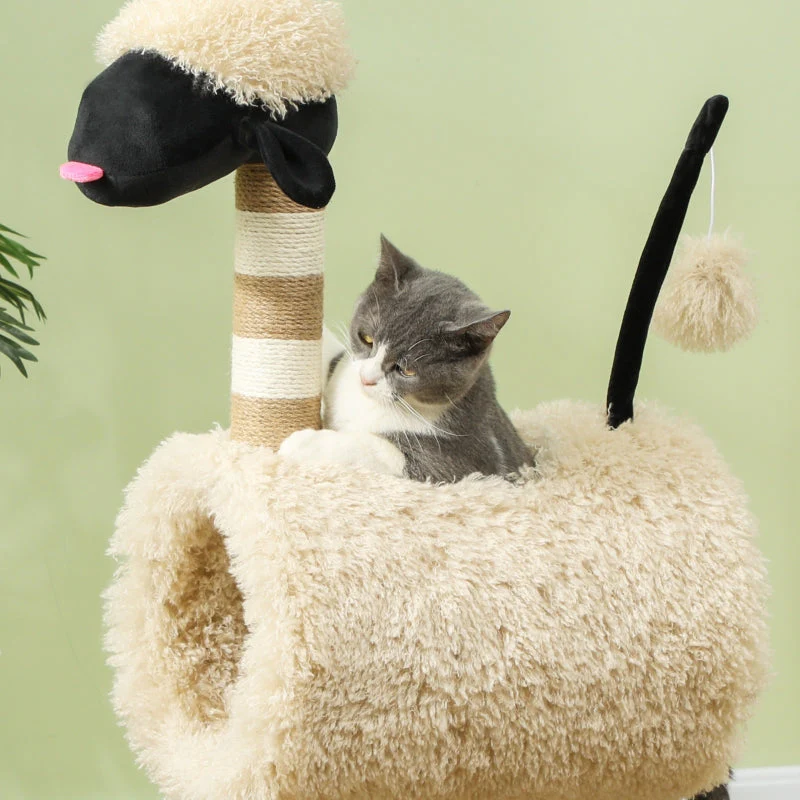 Cat Tree, Scratching Post Tunnel & Toys 98cm, Sheep Design Light Brown - Image 7