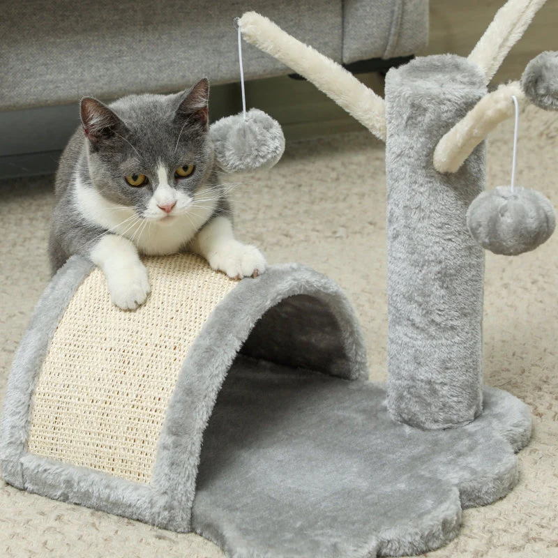 Cat Tree, Small Tower with Cave, 2 Play Balls, Scratching Mat, Light Grey - Image 7