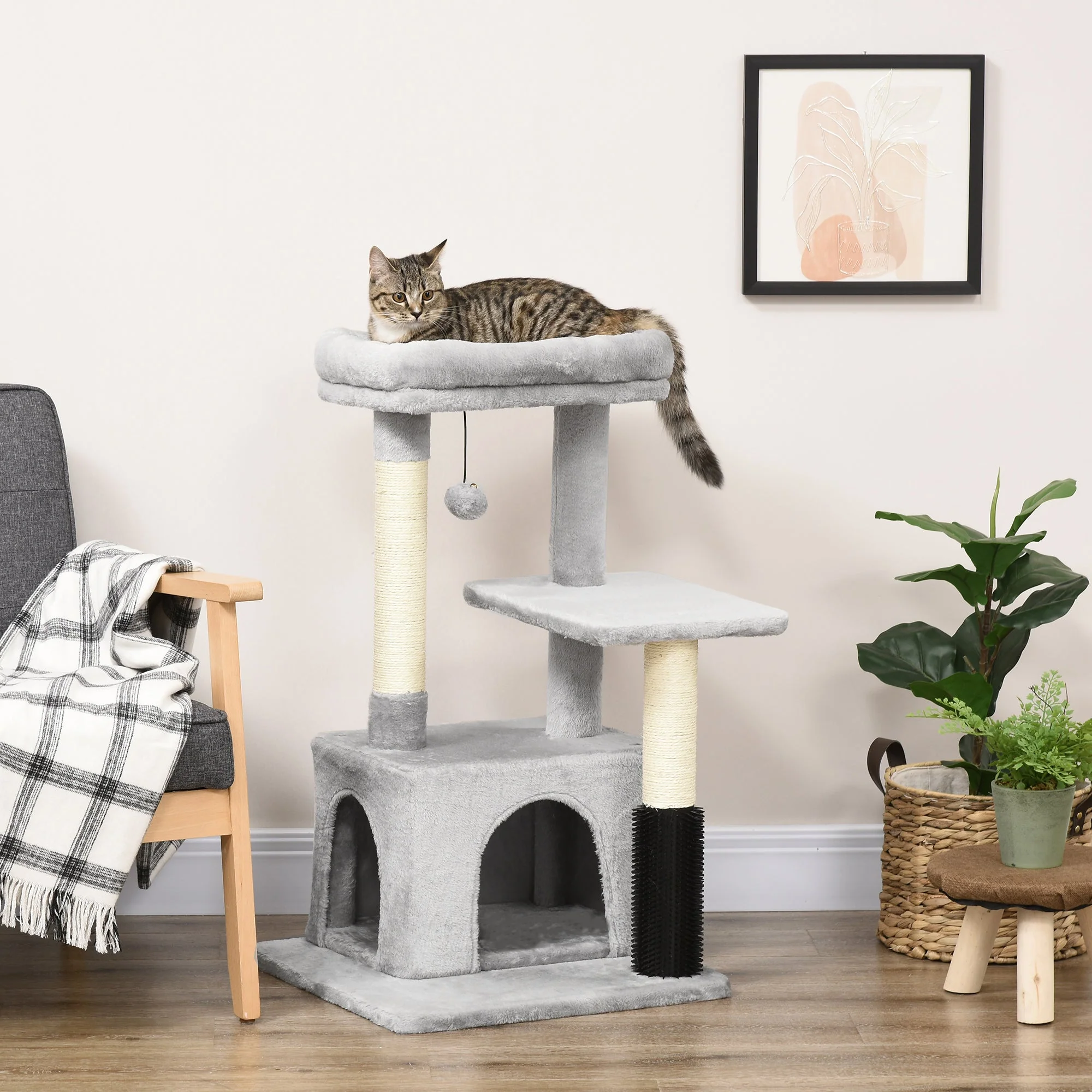 Cat Tree with Washable Bed, Litter Tray, Toys, Light Grey - Image 2