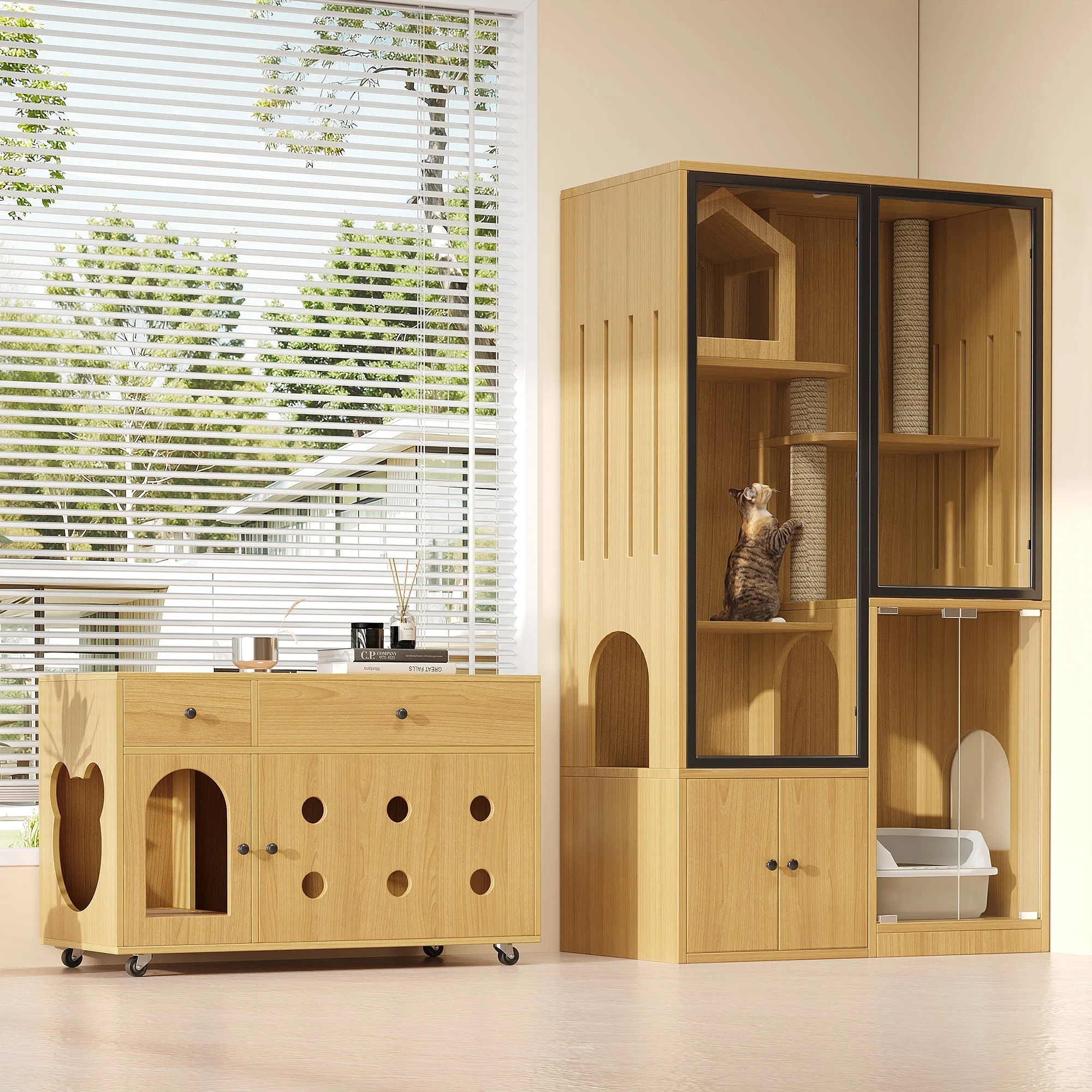 Cat Villa Litter Box Cabinet Glass House - Yellow Maple Wood Color - Image 6
