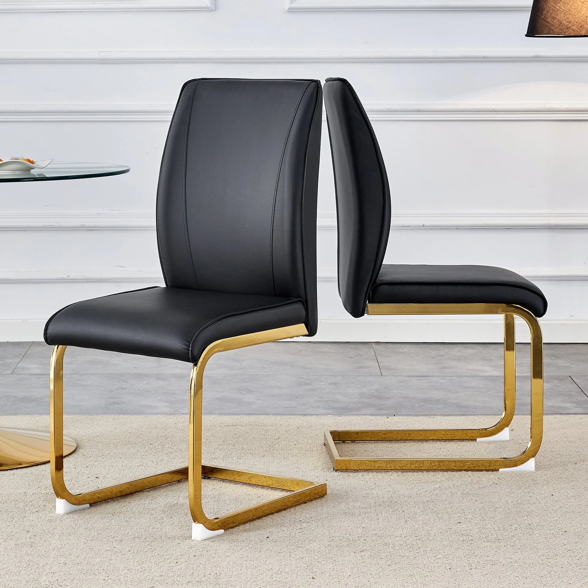 Chair Set 2-Piece Elegant Comfort PU Seat - Black/Gold Metal Legs