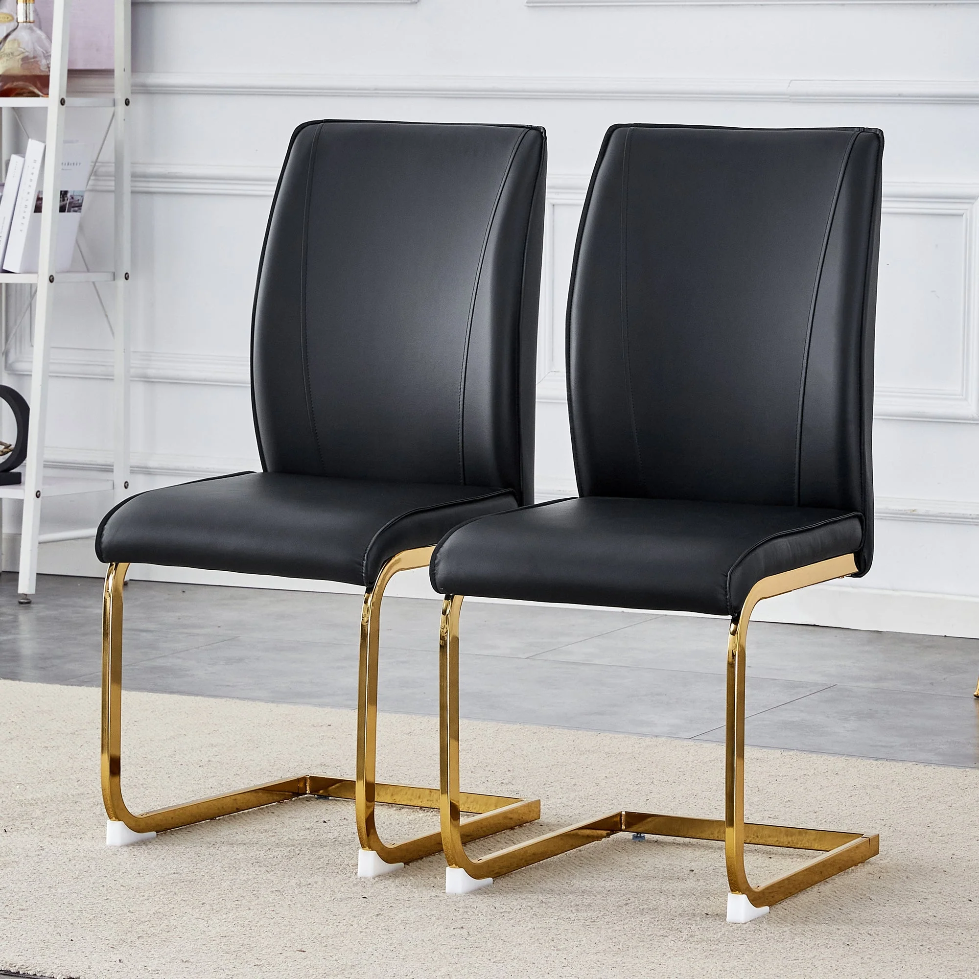 Chair Set 2-Piece Elegant Comfort PU Seat - Black/Gold Metal Legs - Image 2