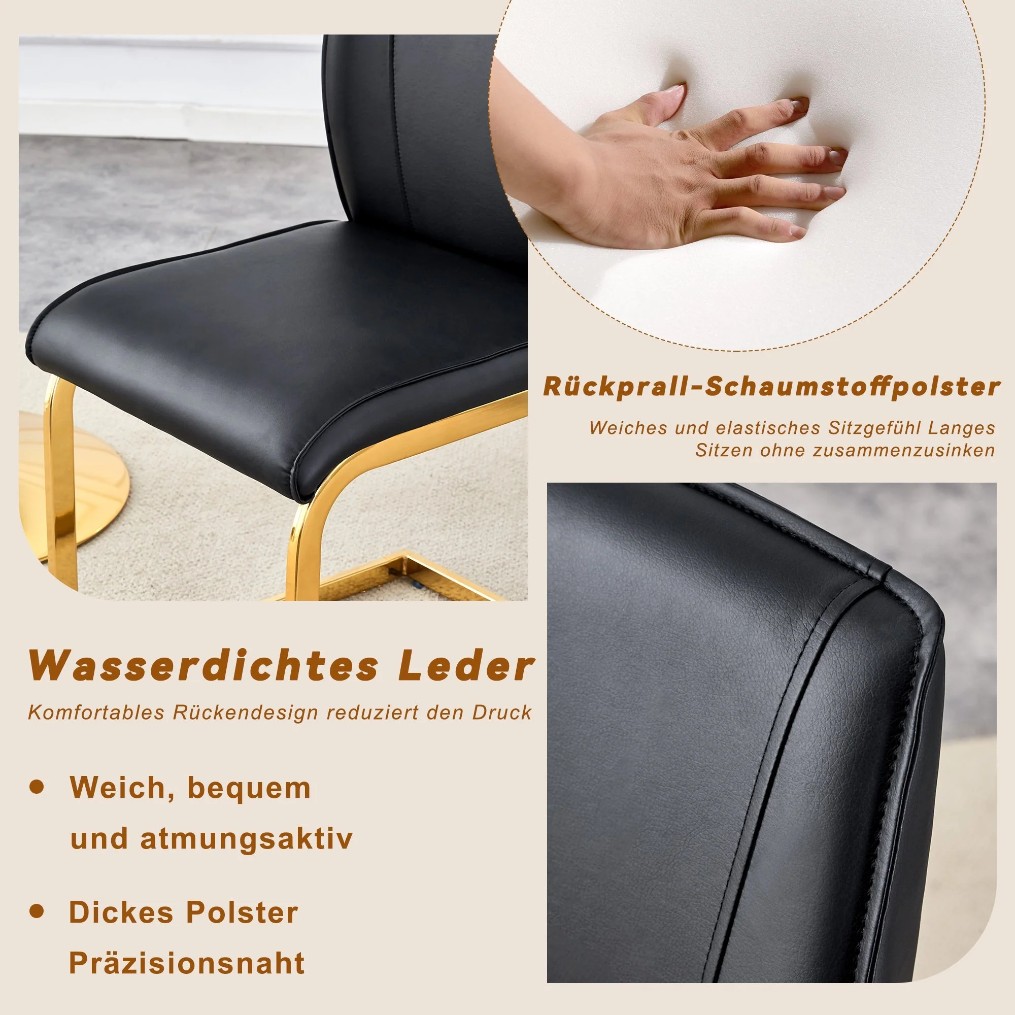 Chair Set 2-Piece Elegant Comfort PU Seat - Black/Gold Metal Legs - Image 5