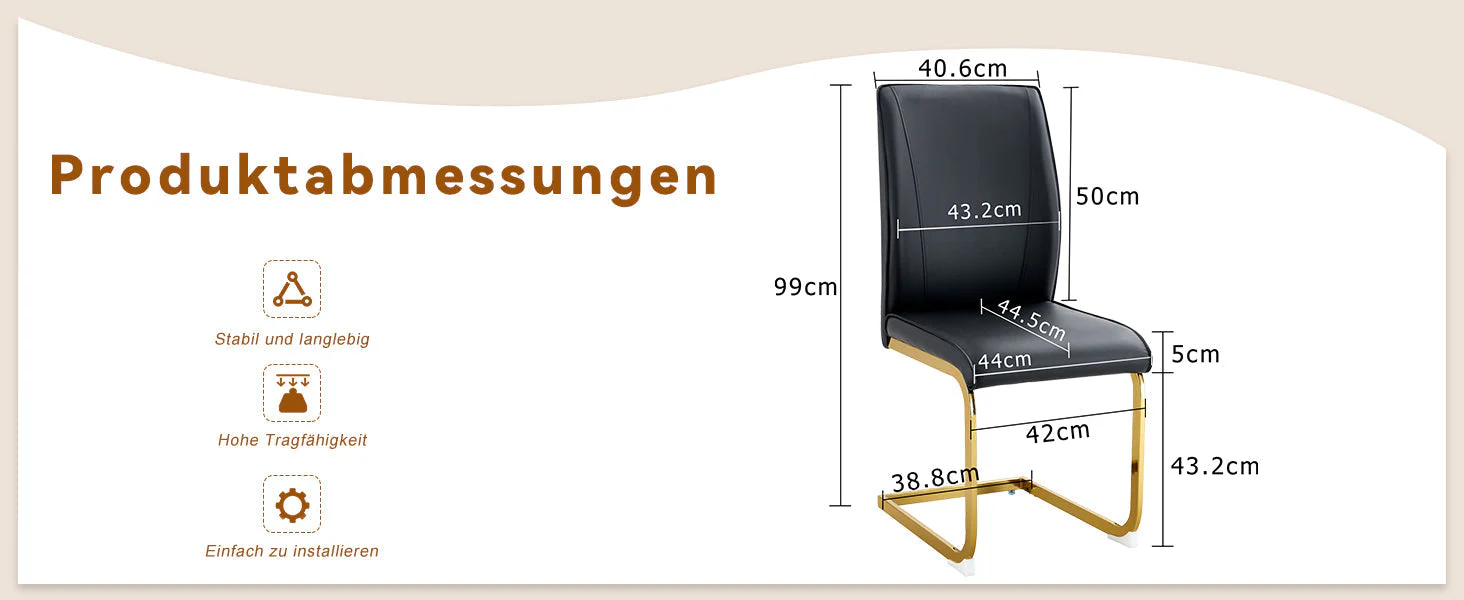 Chair Set 2-Piece Elegant Comfort PU Seat - Black/Gold Metal Legs - Image 8