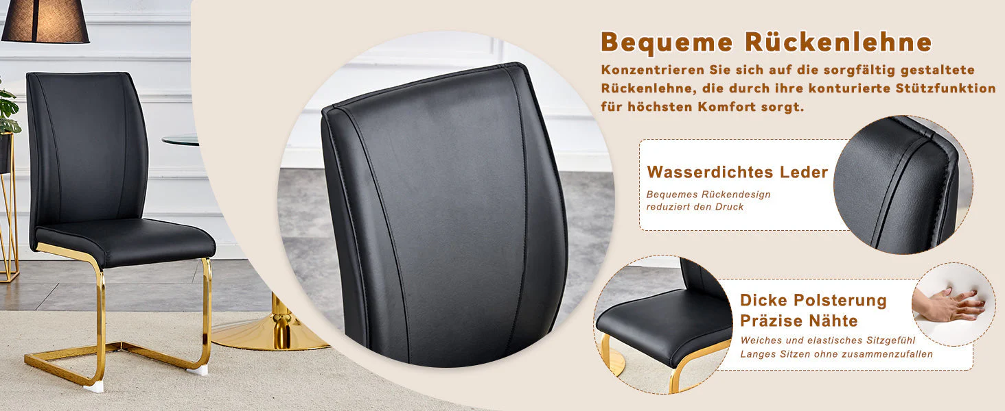 Chair Set 2-Piece Elegant Comfort PU Seat - Black/Gold Metal Legs - Image 9