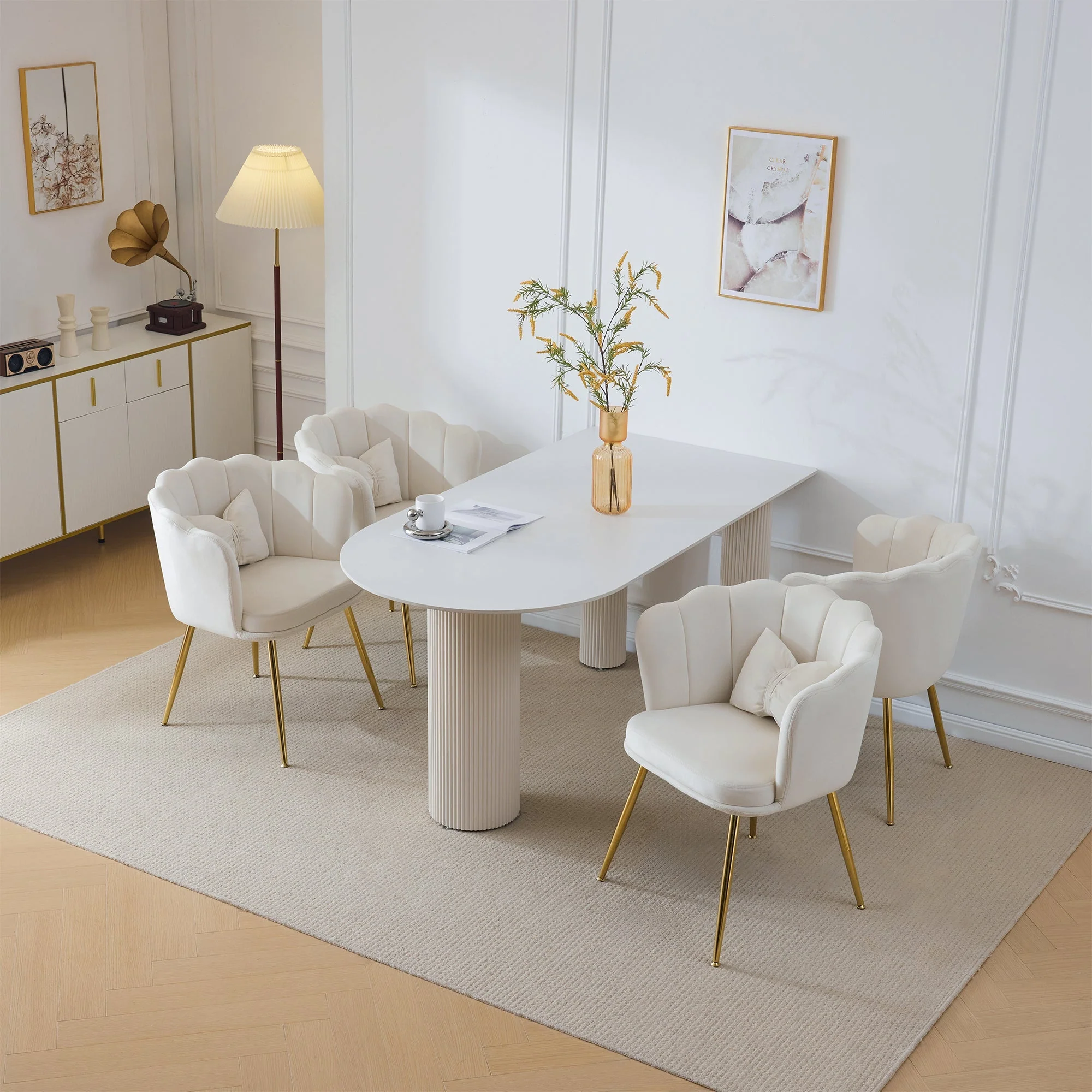 Chairs, 4 Modern Velvet Petal Back Upholstered with Gold Metal Legs and Butterfly Cushions, Velvet - Image 2