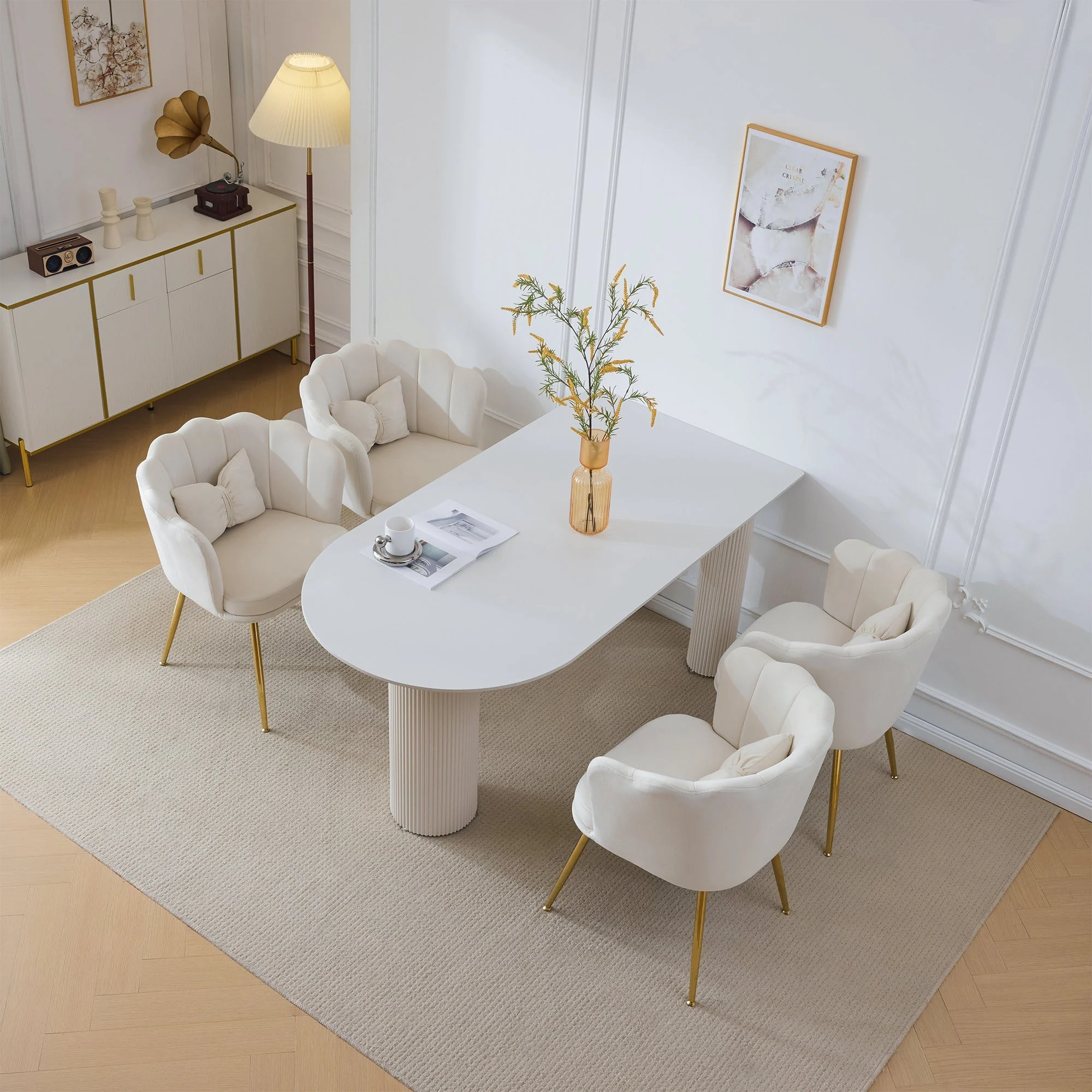 Chairs, 4 Modern Velvet Petal Back Upholstered with Gold Metal Legs and Butterfly Cushions, Velvet - Image 3