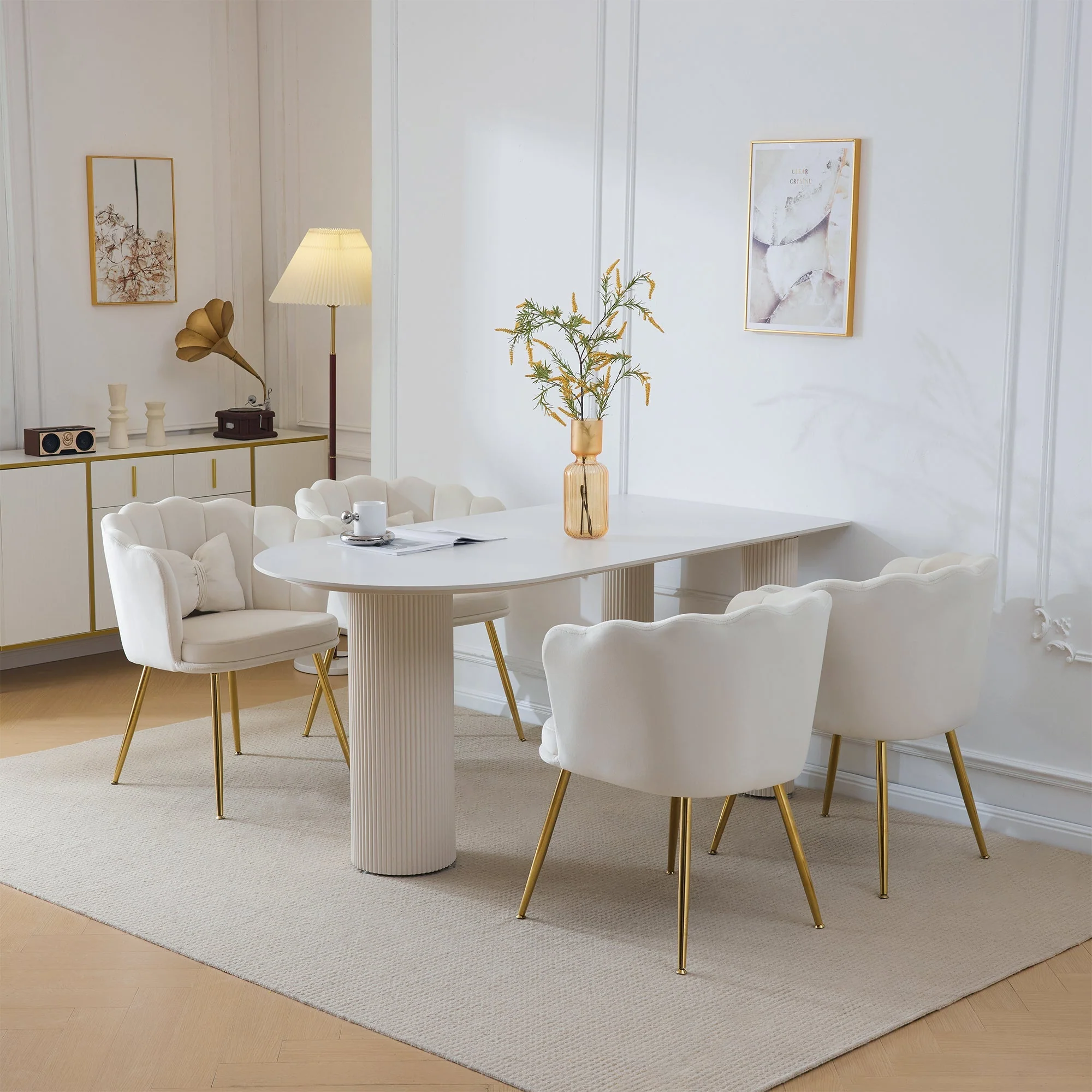 Chairs, 4 Modern Velvet Petal Back Upholstered with Gold Metal Legs and Butterfly Cushions, Velvet - Image 4