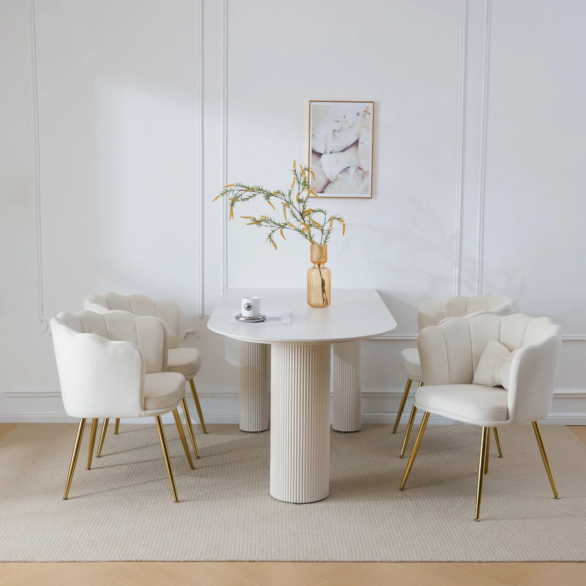 Chairs, 4 Modern Velvet Petal Back Upholstered with Gold Metal Legs and Butterfly Cushions, Velvet - Image 5