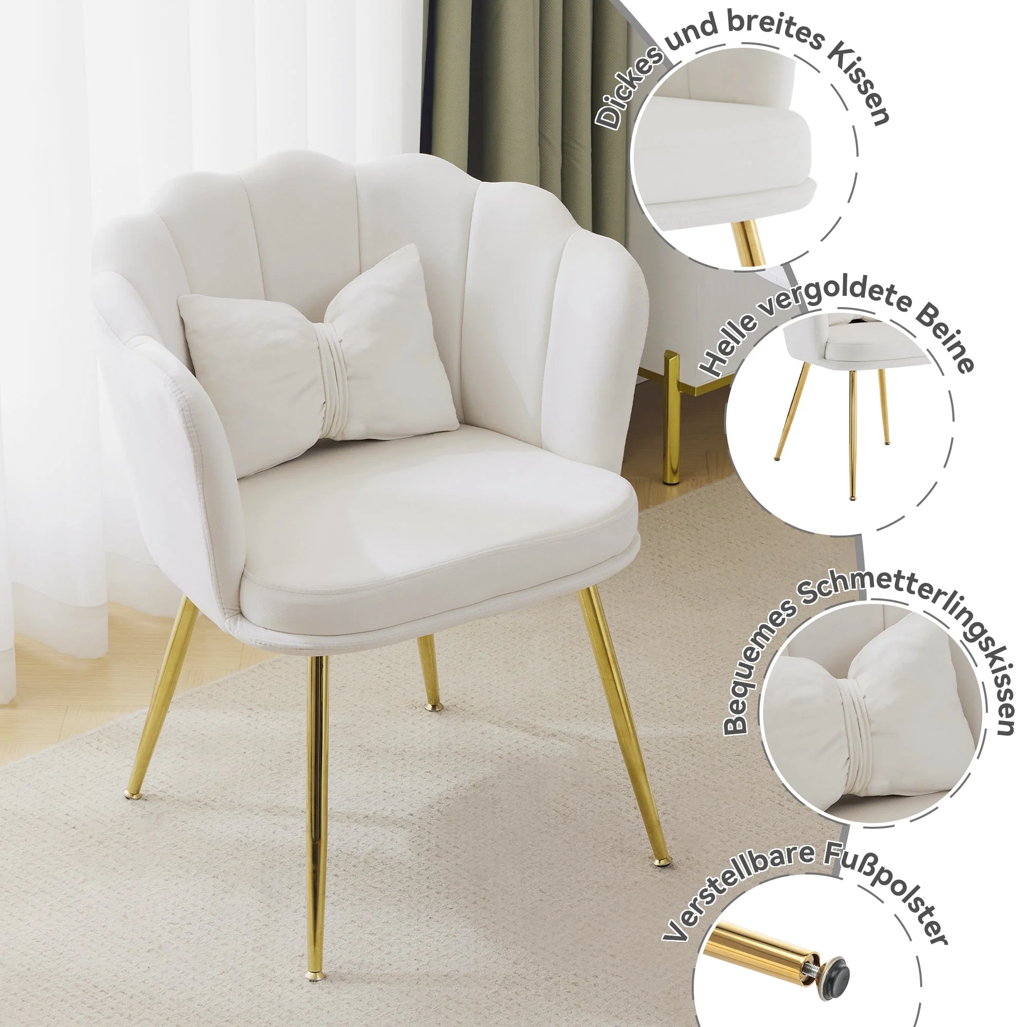 Chairs, 4 Modern Velvet Petal Back Upholstered with Gold Metal Legs and Butterfly Cushions, Velvet - Image 6