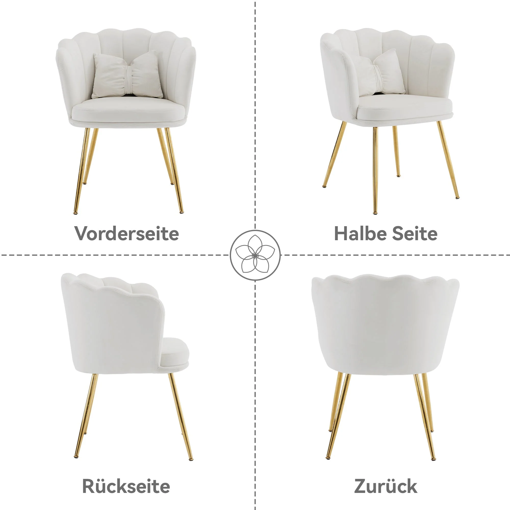 Chairs, 4 Modern Velvet Petal Back Upholstered with Gold Metal Legs and Butterfly Cushions, Velvet - Image 8