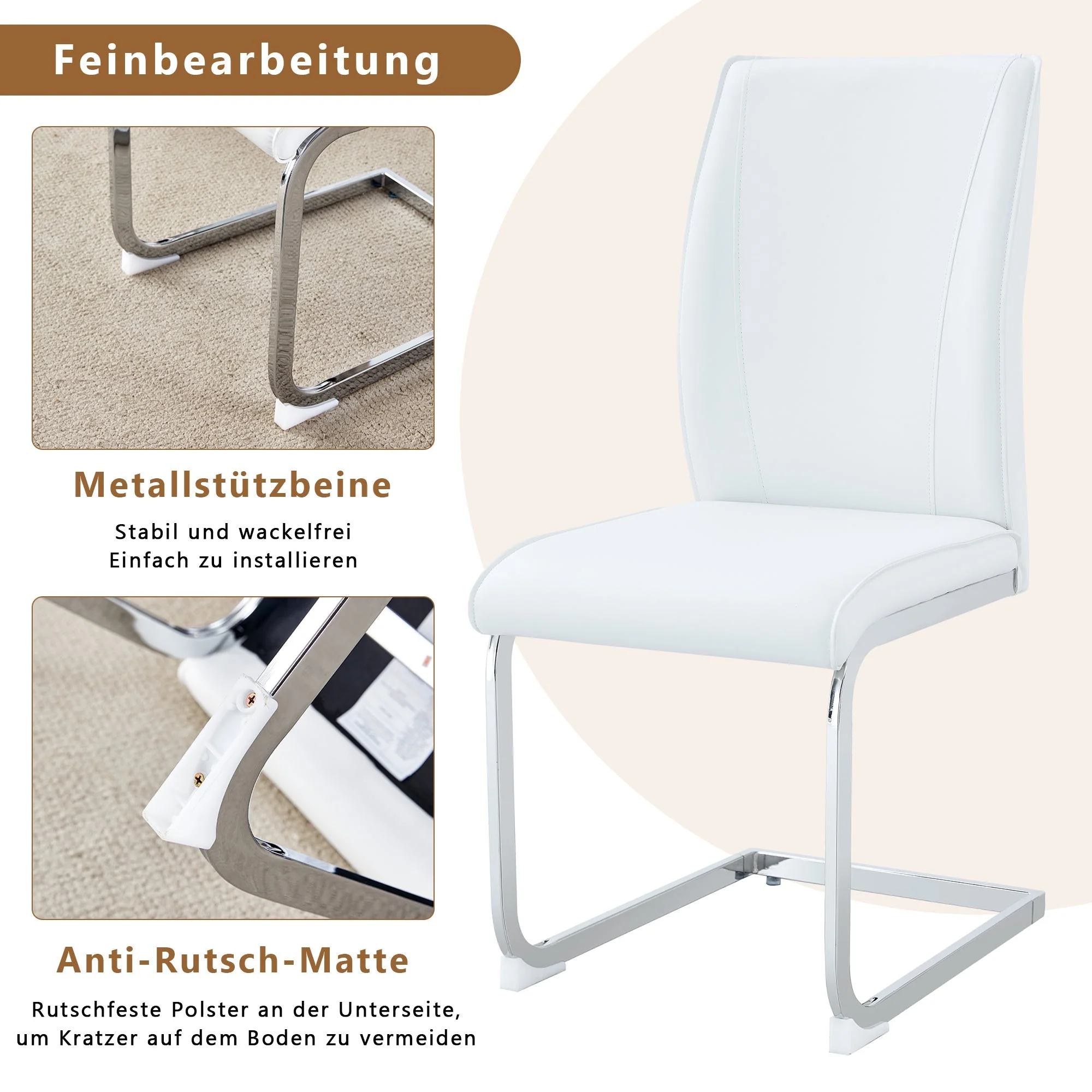 Chairs Set of 2 Elegant Modern PU Comfort Cushion Silver Metal Legs - White - Image 5