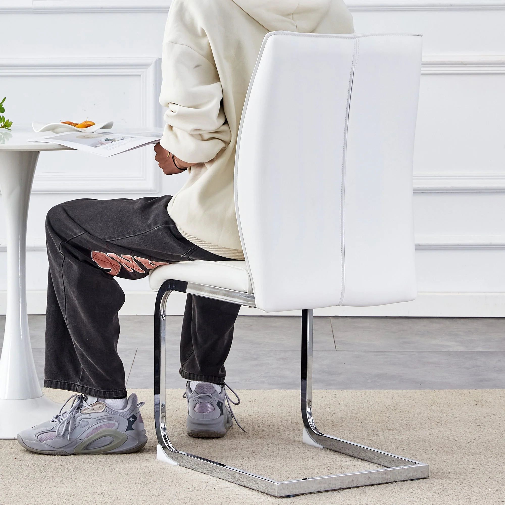 Chairs Set of 2 Elegant Modern PU Comfort Cushion Silver Metal Legs - White - Image 8