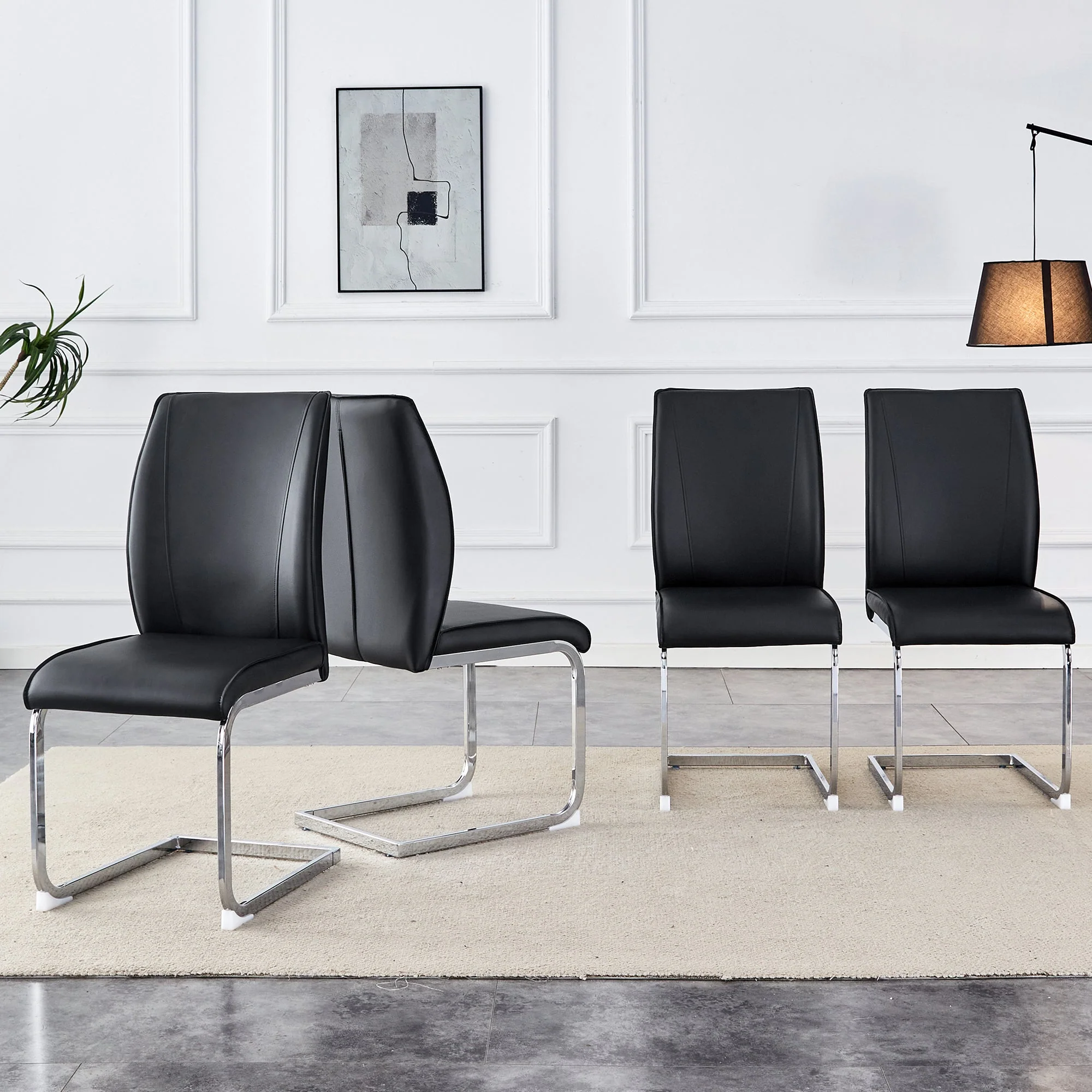 Chairs (Set of 4), Comfortable with Silver Metal Legs, Black PU - Image 3