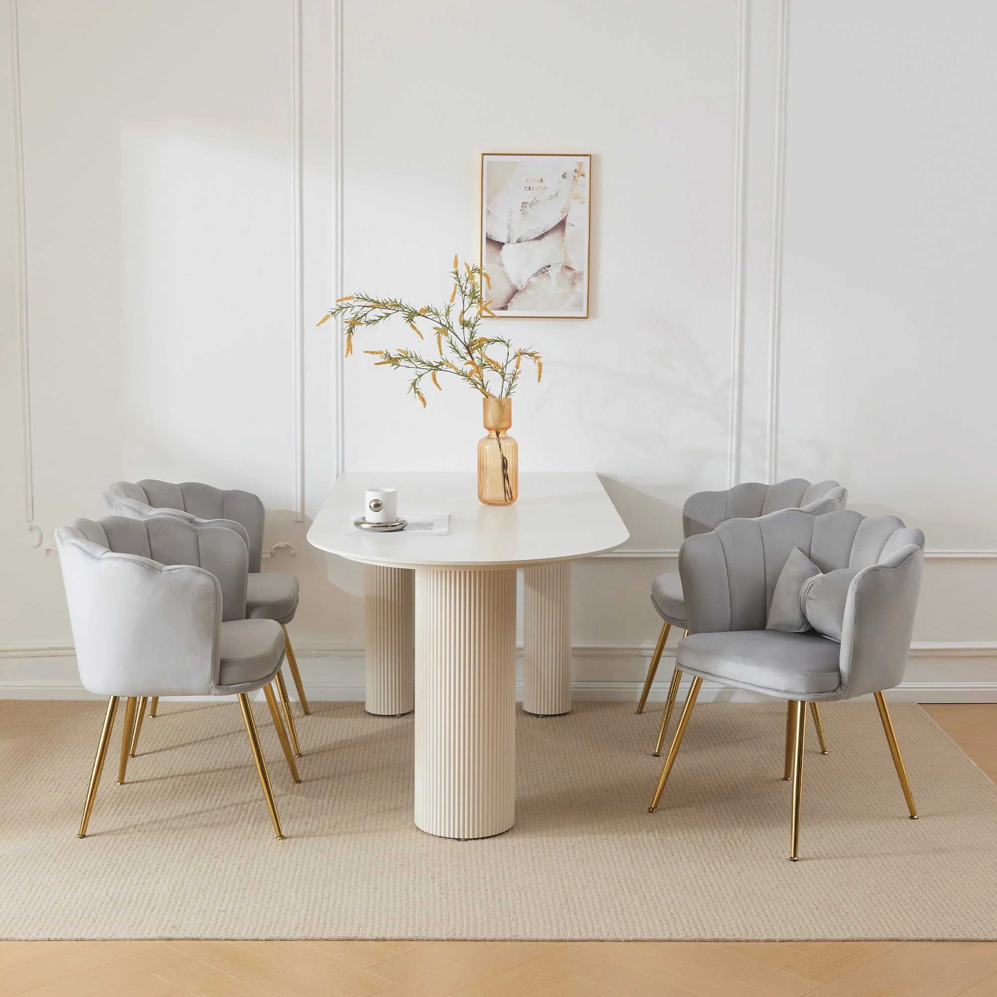 Chairs, Set of 4 Velvet Upholstered with Petal Back & Gold Legs, Modern - Image 4