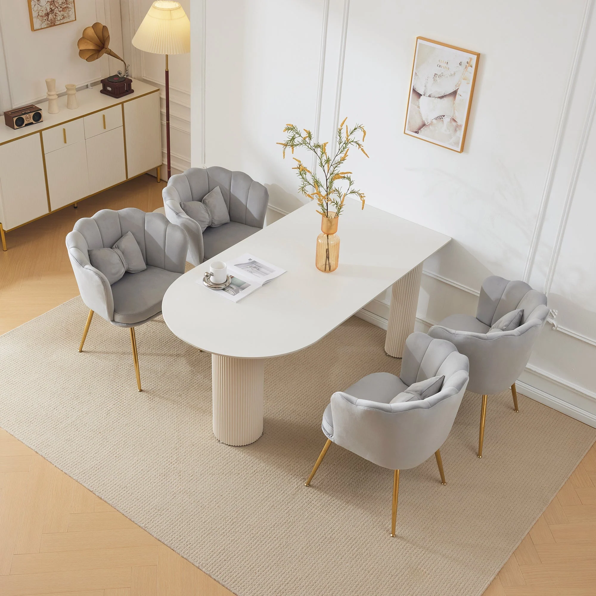 Chairs, Set of 4 Velvet Upholstered with Petal Back & Gold Legs, Modern - Image 5