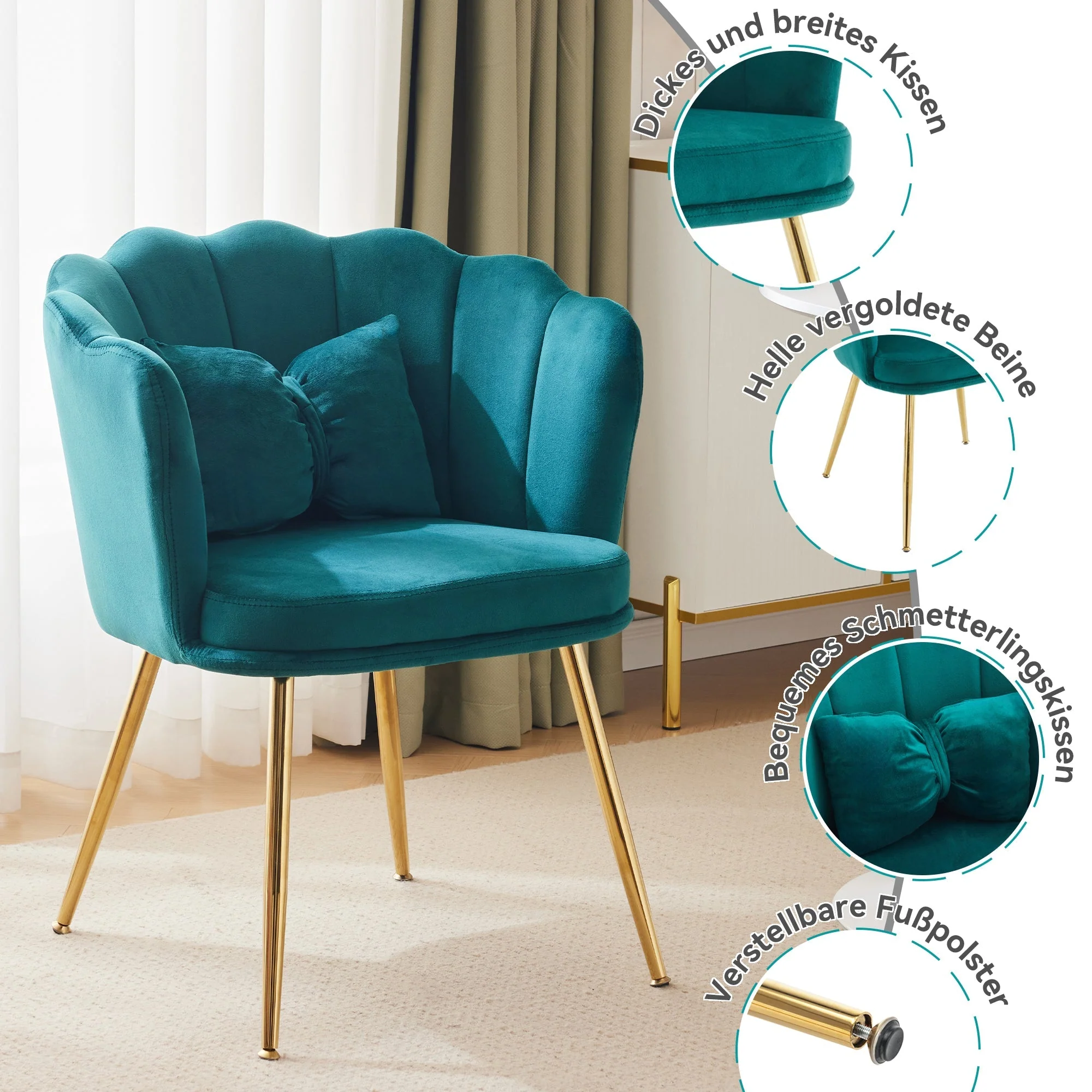 Chairs, Set of 6 Modern Velvet Upholstered with Petal Back, Gold Legs