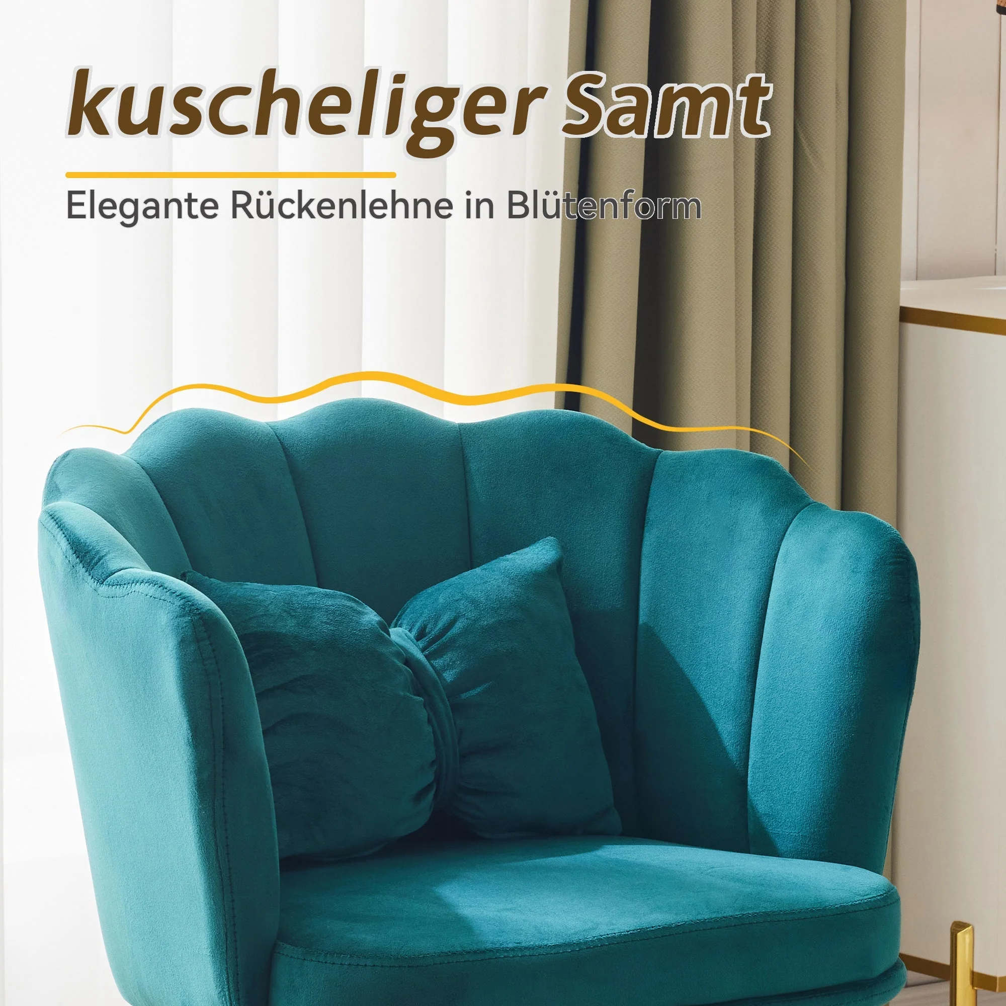 Chairs, Set of 6 Modern Velvet Upholstered with Petal Back, Gold Legs - Image 3