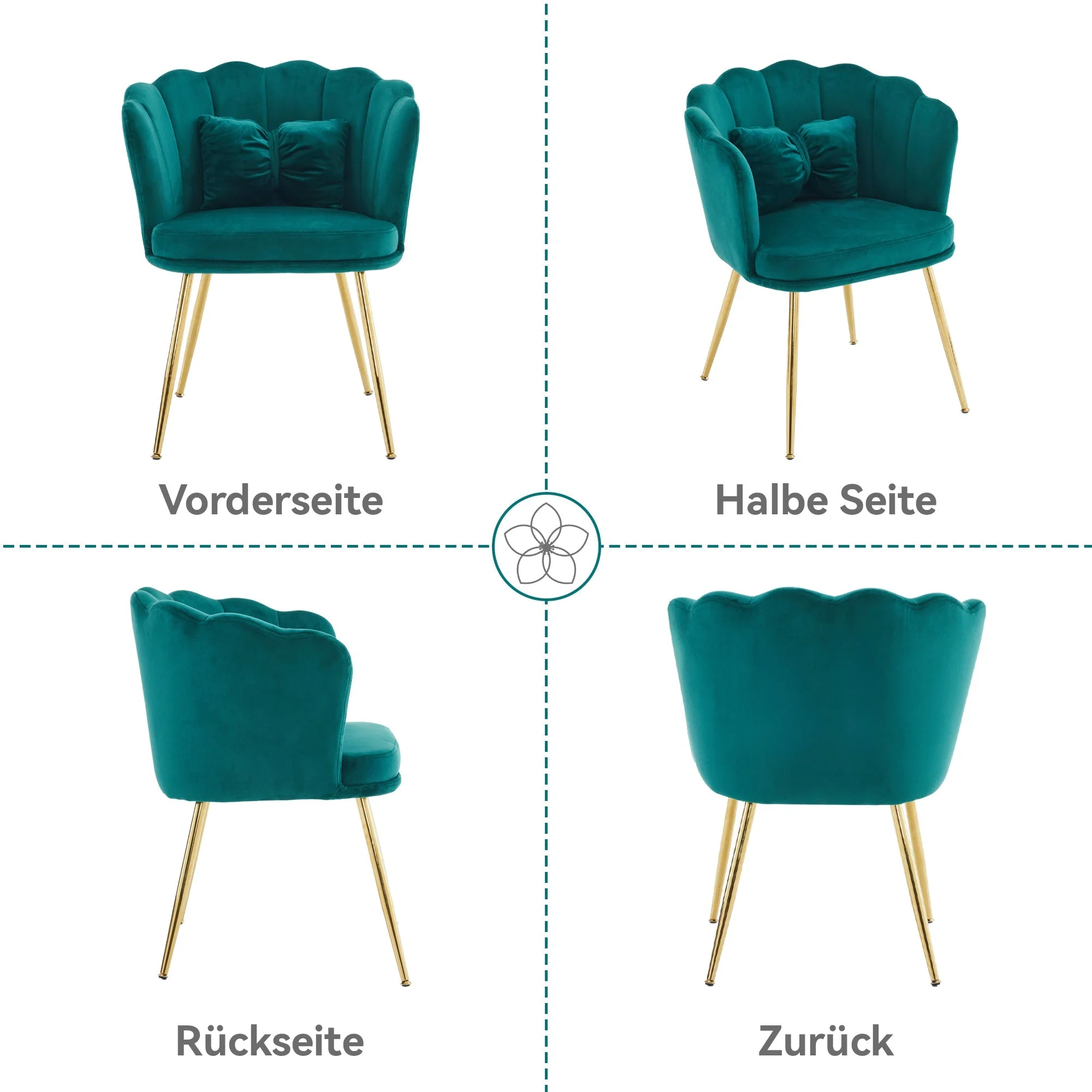 Chairs, Set of 6 Modern Velvet Upholstered with Petal Back, Gold Legs - Image 4