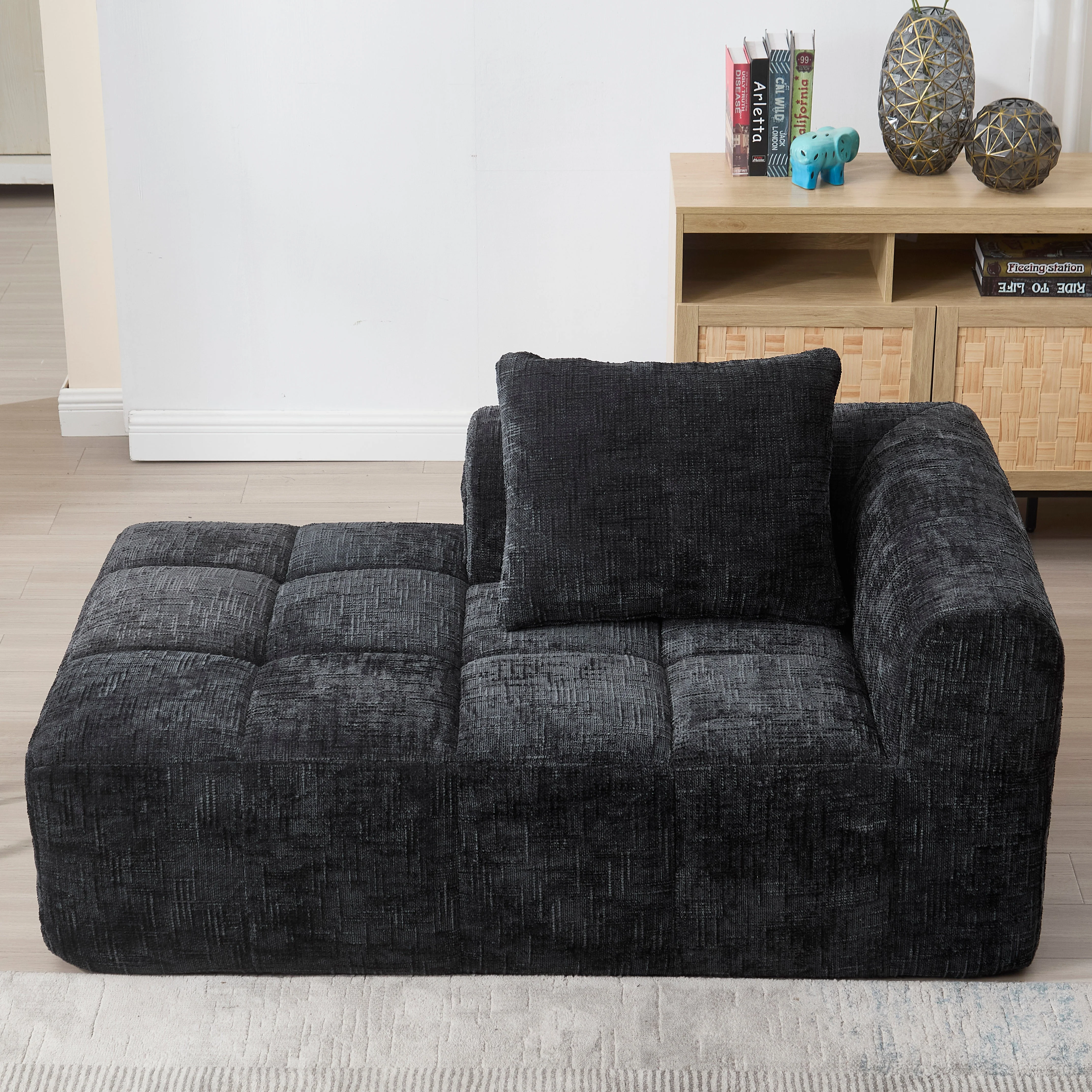 Chaise Longue Sofa, Soft Cushions Side Pockets, Black - Image 2
