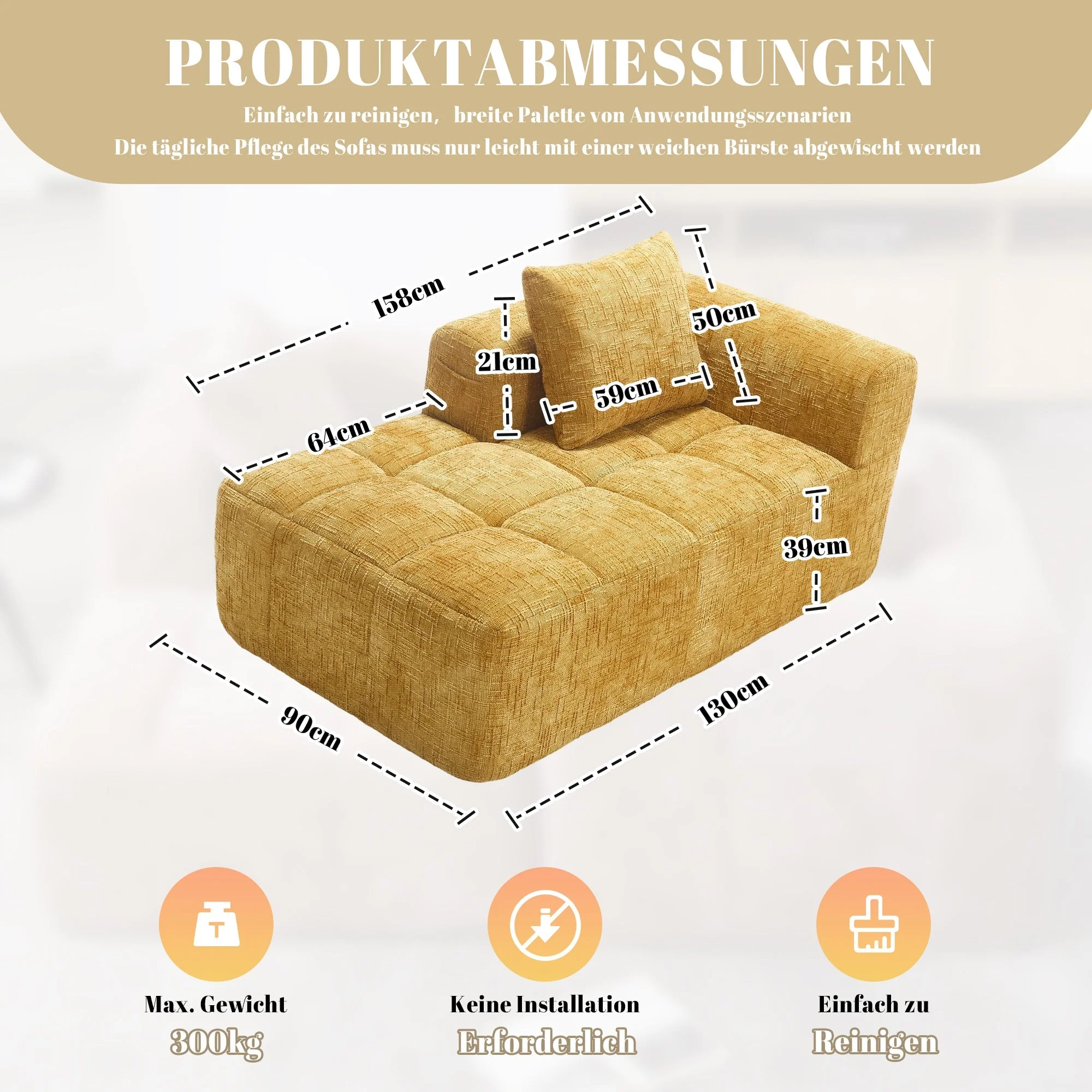 Chaise Longue Sofa, Soft with Side Pockets, No Assembly, Yellow - Image 2